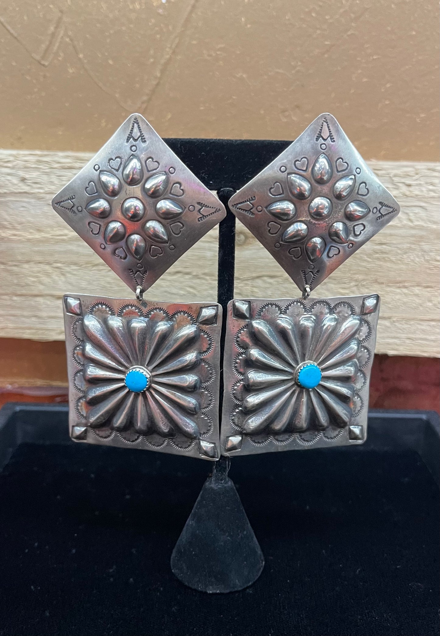 Large Stamped Sterling Silver Concho Dangle earring with Sleeping Beauty Turquoise by Rose Lincoln, Navajo
