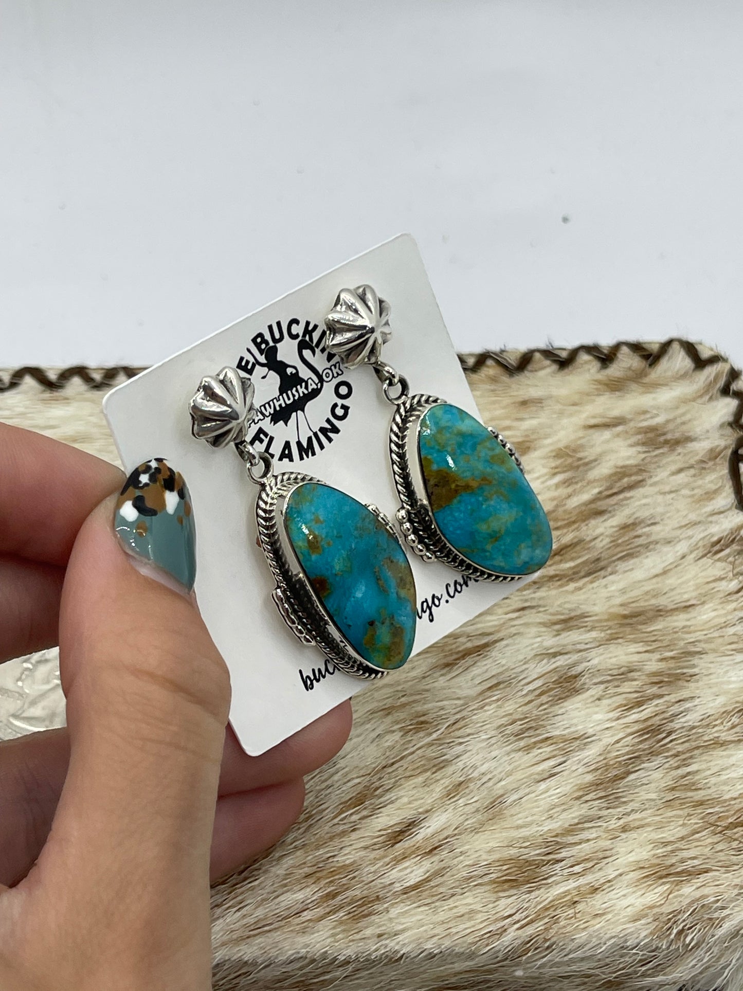 Kingman Turquoise Star Post Dangle Earrings by Raymond Yazzie, Navajo