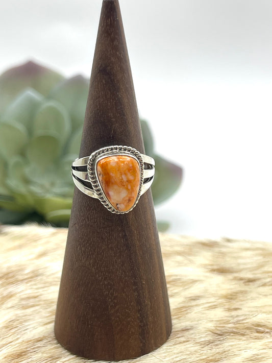 6.5 Orange Spiny Oyster Shell Triangle Ring by Tom Dinetso, Navajo