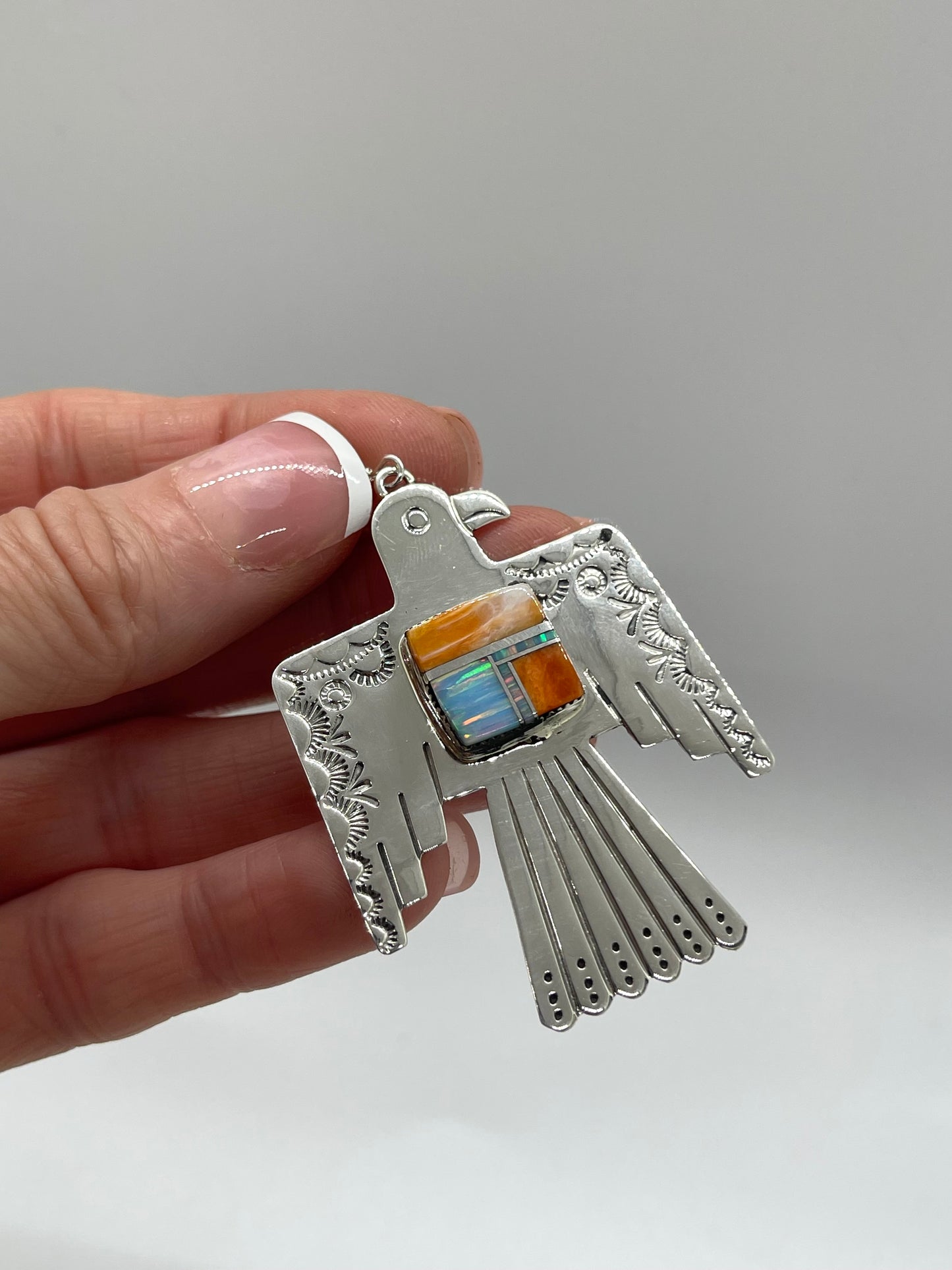 Orange Spiny and White Opal Thunderbird Dangle Earrings by Bobby Platero, Navajo
