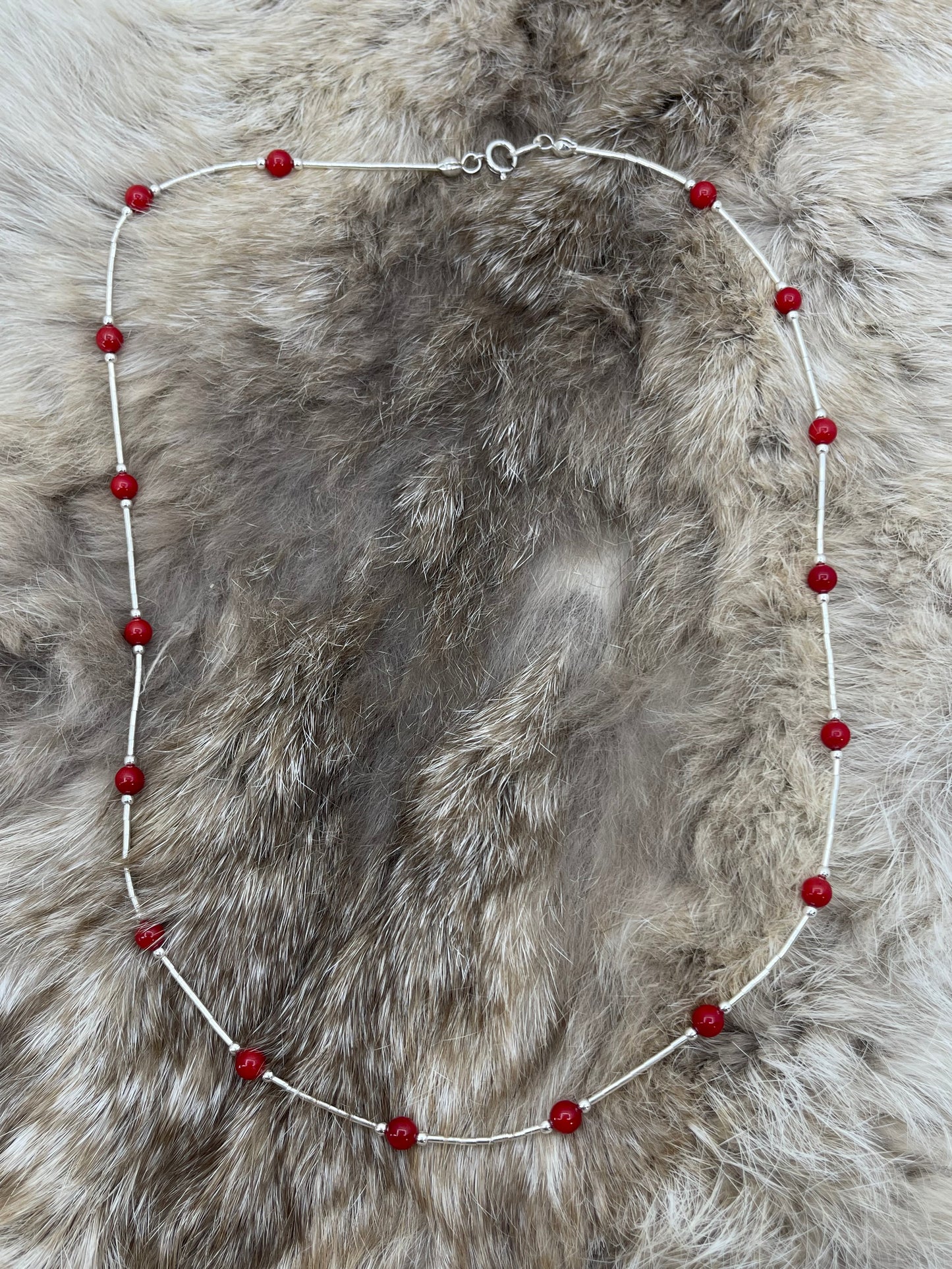 Red Coral 4mm Beads on Liquid Silver 17" Necklace