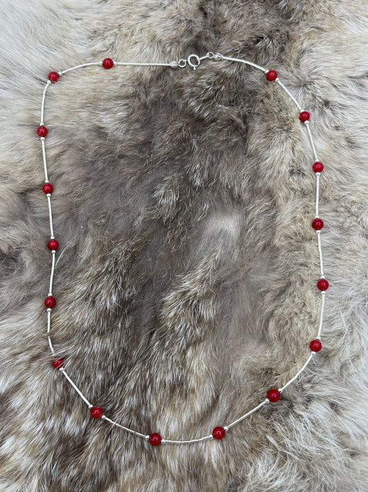 Red Coral 4mm Beads on Liquid Silver 17" Necklace