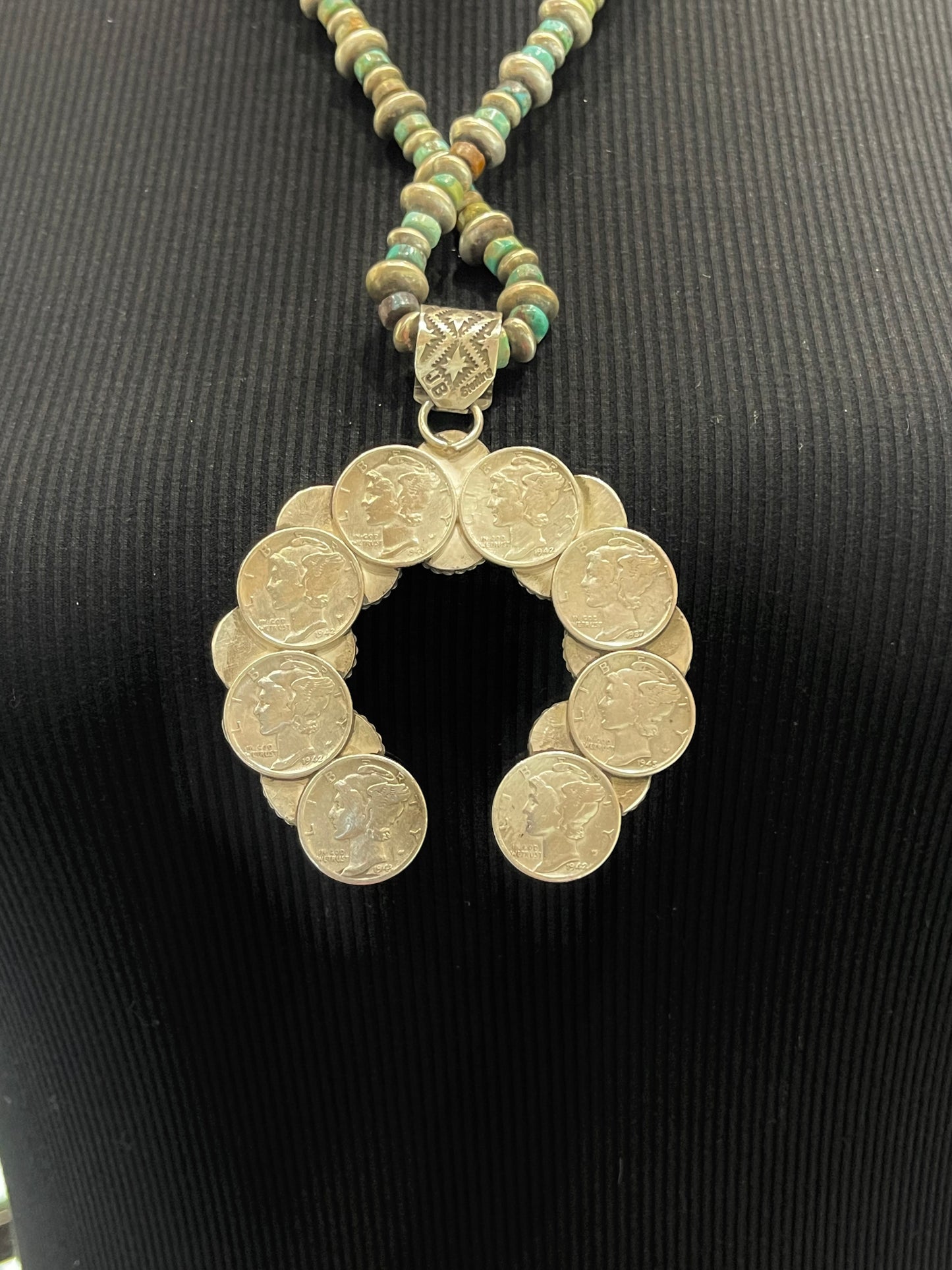 24” Handmade Navajo Pearls Reversible 2mm Bail Mercury Dimes Turquoise Naja Pendant by James Begay, Jr., Navajo