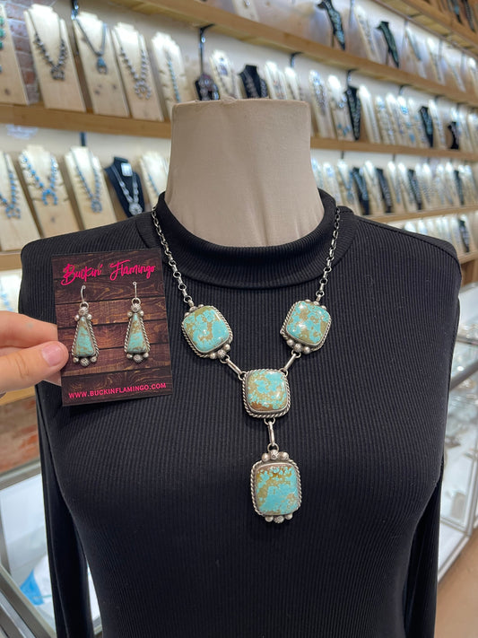 20”+3” #8 Turquoise Square Lariat Necklace Drop & Earring Set by Augustine Largo, Navajo