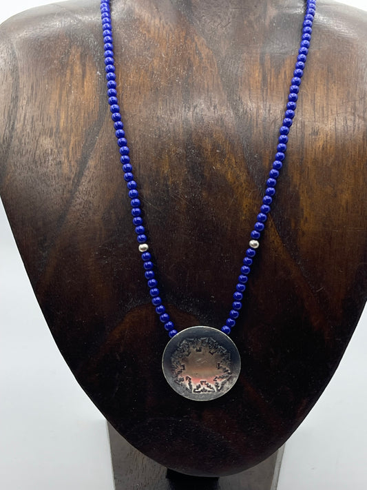 16" Blue Lapis Stamped Pillow Bead Necklace by Maryetta Kellywood, Navajo