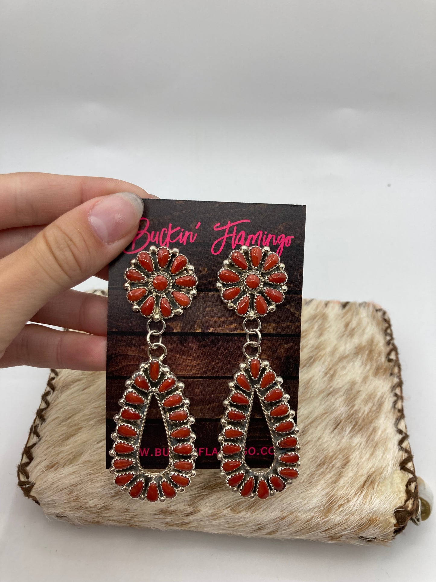 Red Coral Cluster Teardrop Post Dangle Earrings by Alicia Wilson, Navajo