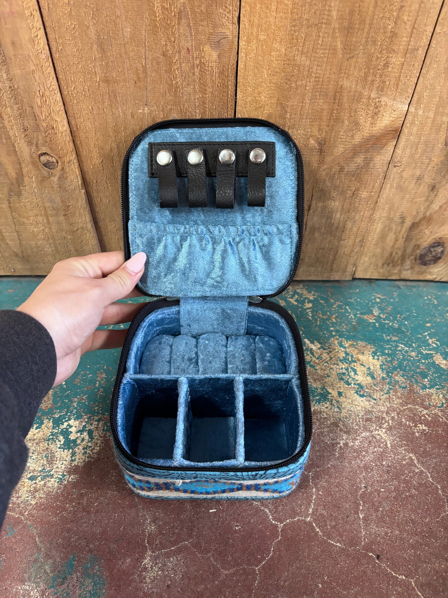 Small Square Black Cowhide Blue And White Knitted Jewelry Box