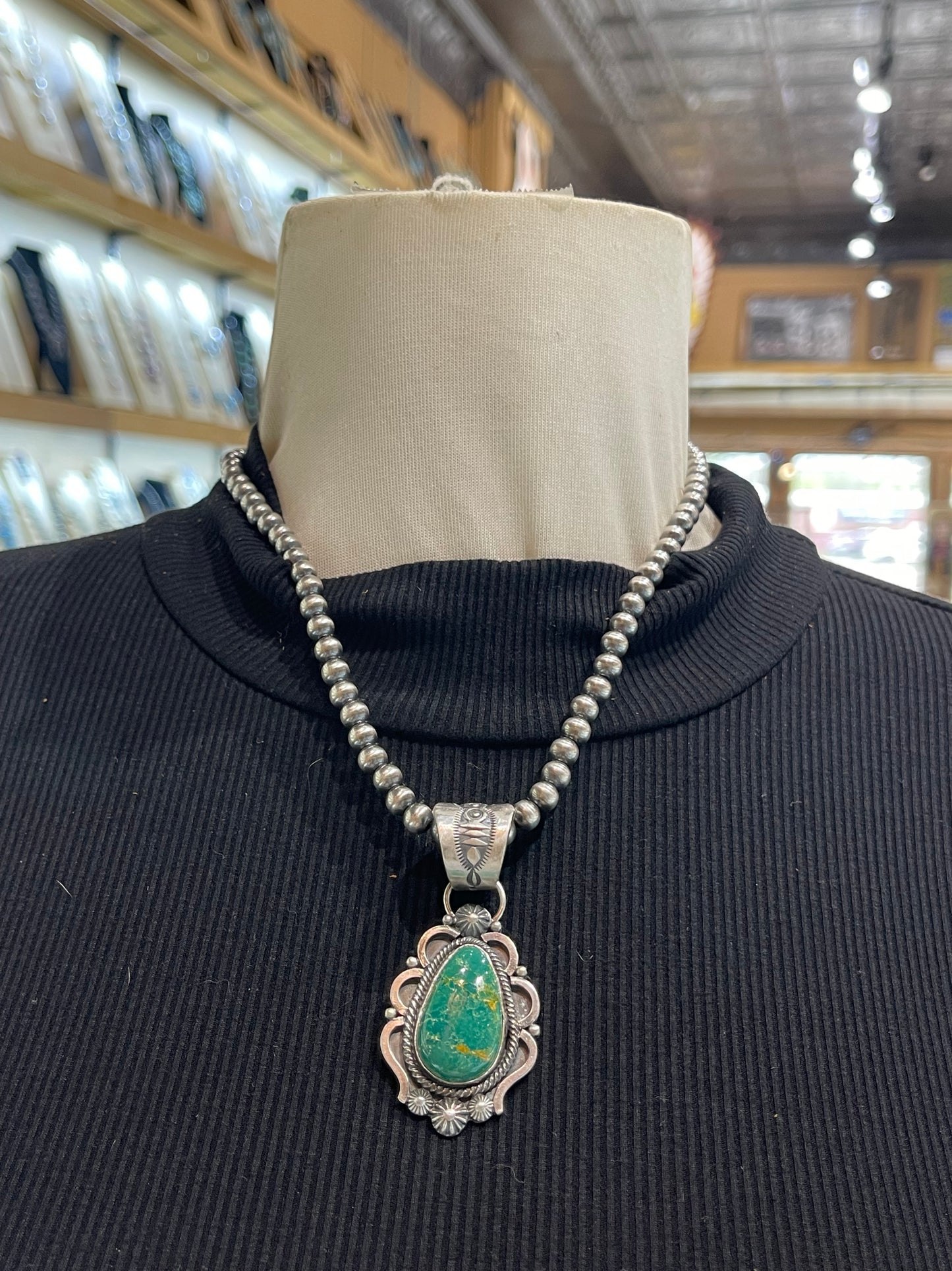 Sonoran Gold Turquoise Pendant with 18" 6mm Navajo Style Pearls by Tom Lewis, Navajo