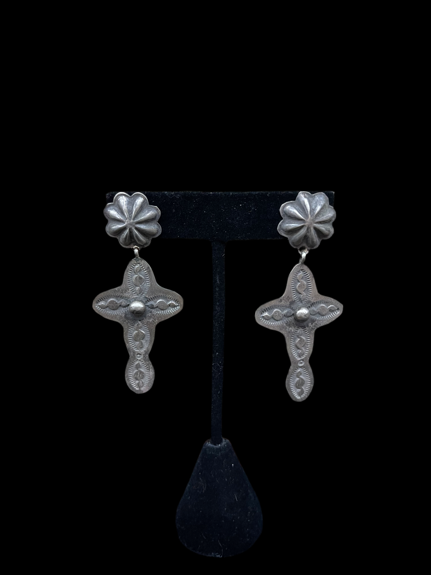 Double Concho Cross Post Dangle Earrings by Rose Lincoln, Navajo