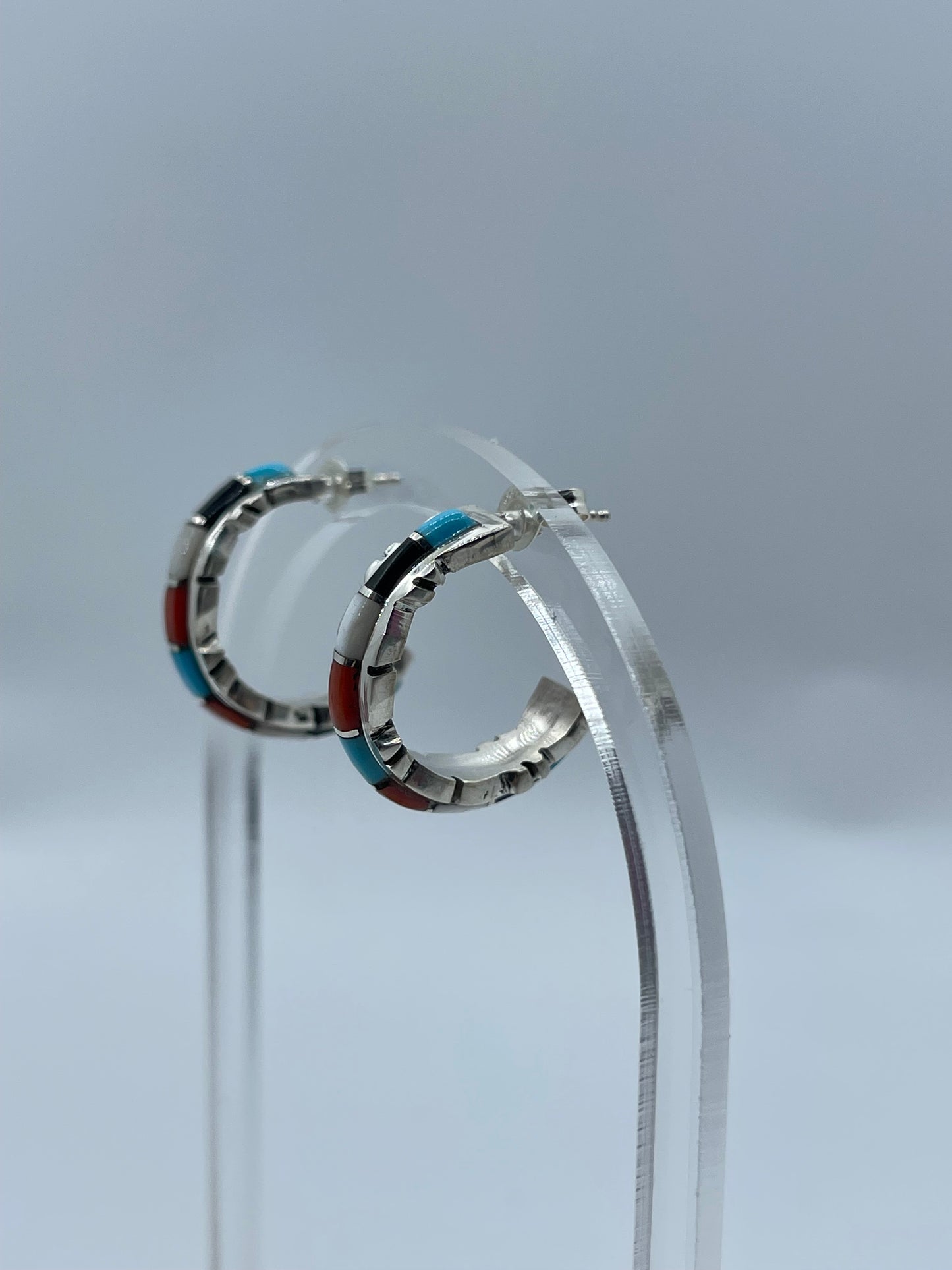 Multi Stone Post Hoop Earrings by Sheldon Lalio, Zuni