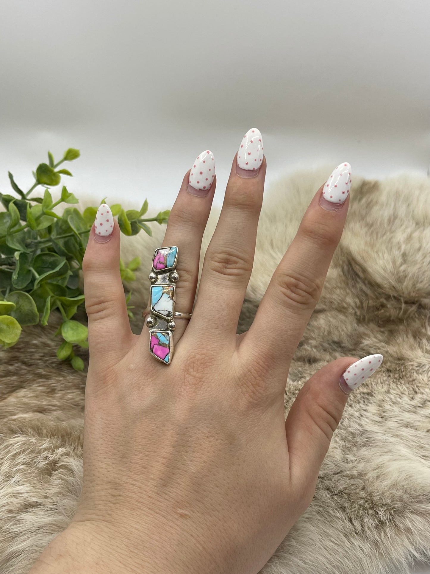 Adjustable 3 Stone Cotton Candy Ring by Jude Candeleria, Zuni