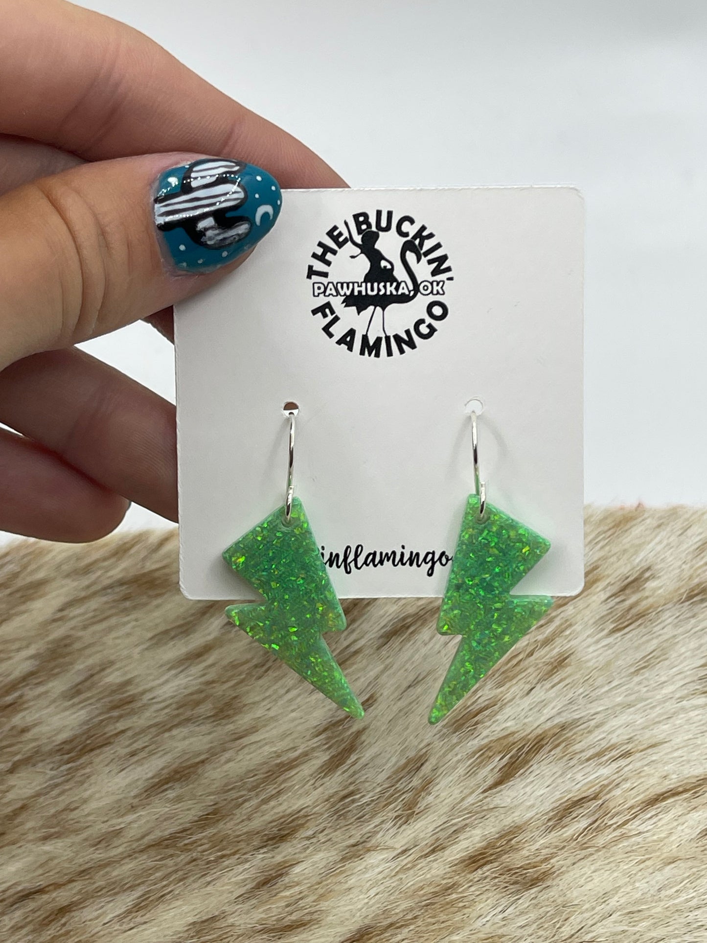 Green Opal Lightning Bolt Dangle Earrings