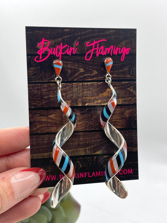 3" Inlaid Spiral Post Dangle Earrings by  Pernell Idealla Edaakie, Zuni