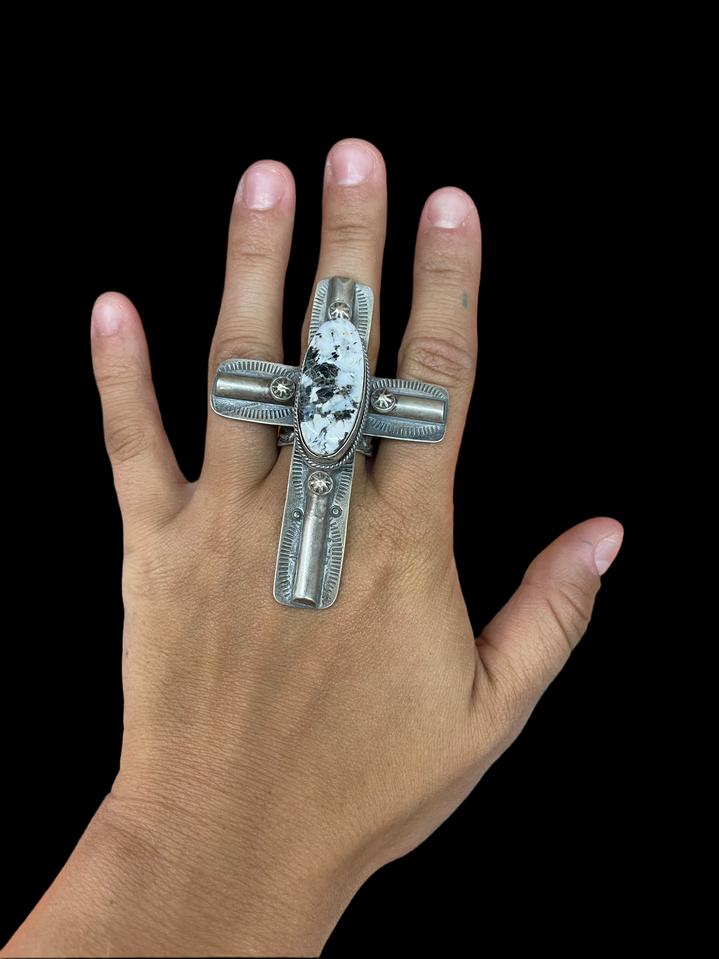 9.0 White Buffalo Cross Ring by Steven Nez, Navajo