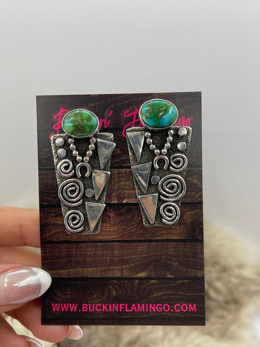 Petroglyph Earrings with High Grade Kingman Turquoise by Alex Sanchez, Navajo