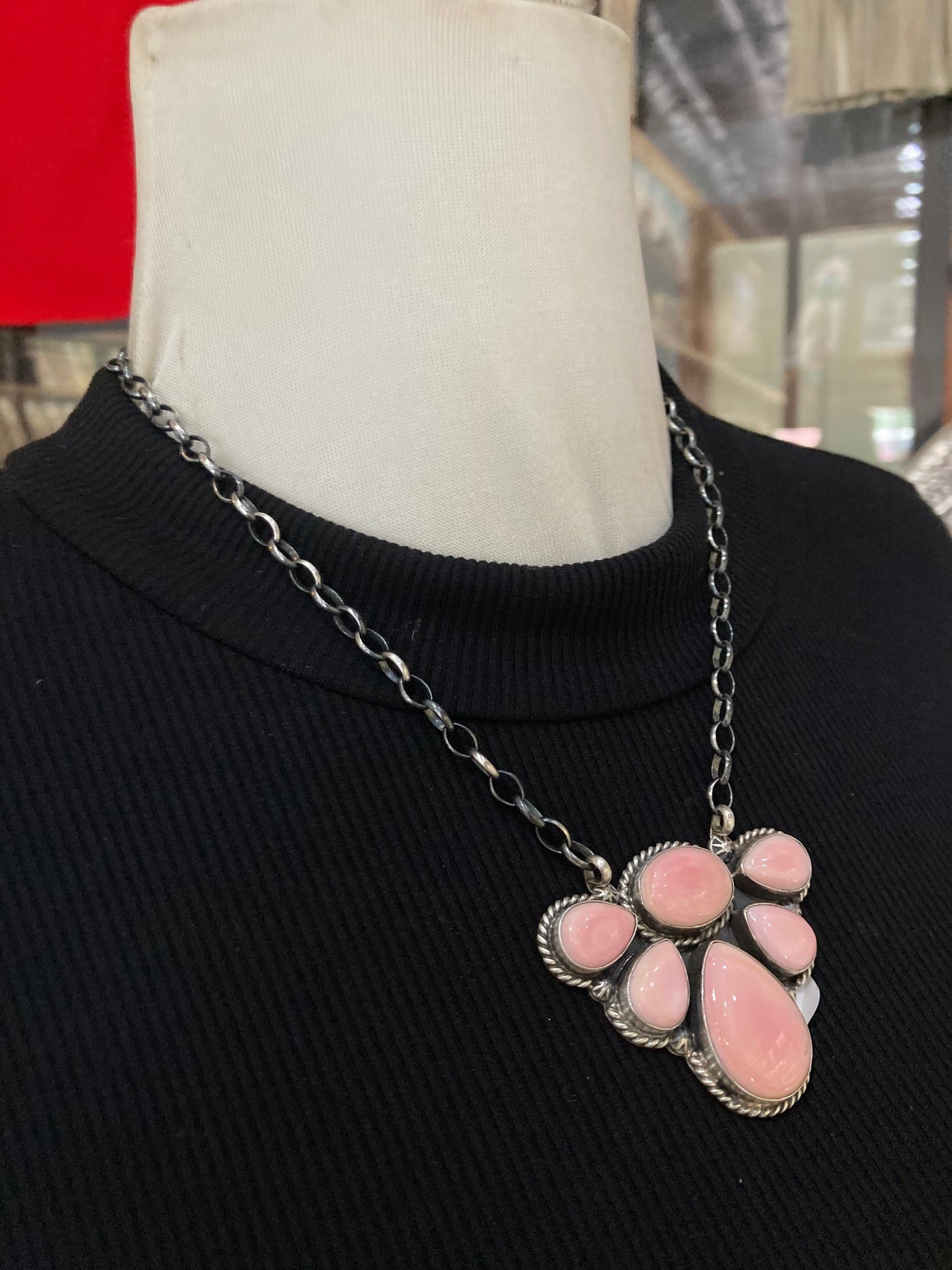 18" 6 Stone Pink Conch Shell Cluster Necklace by Eugene Belone, Navajo