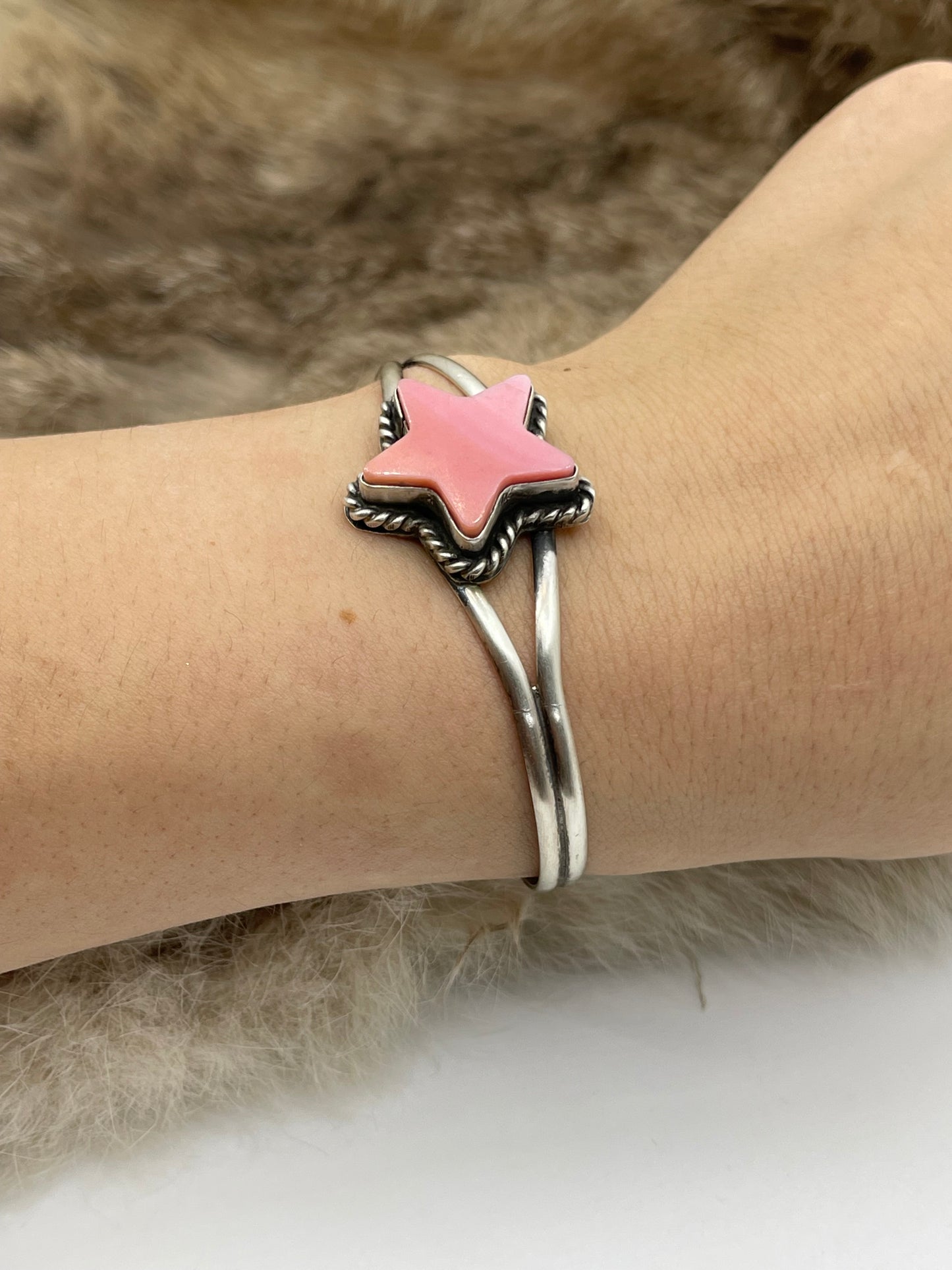 5.75"-7.5" Pink Conch Shell Star Cuff by Larson Chee, Navajo