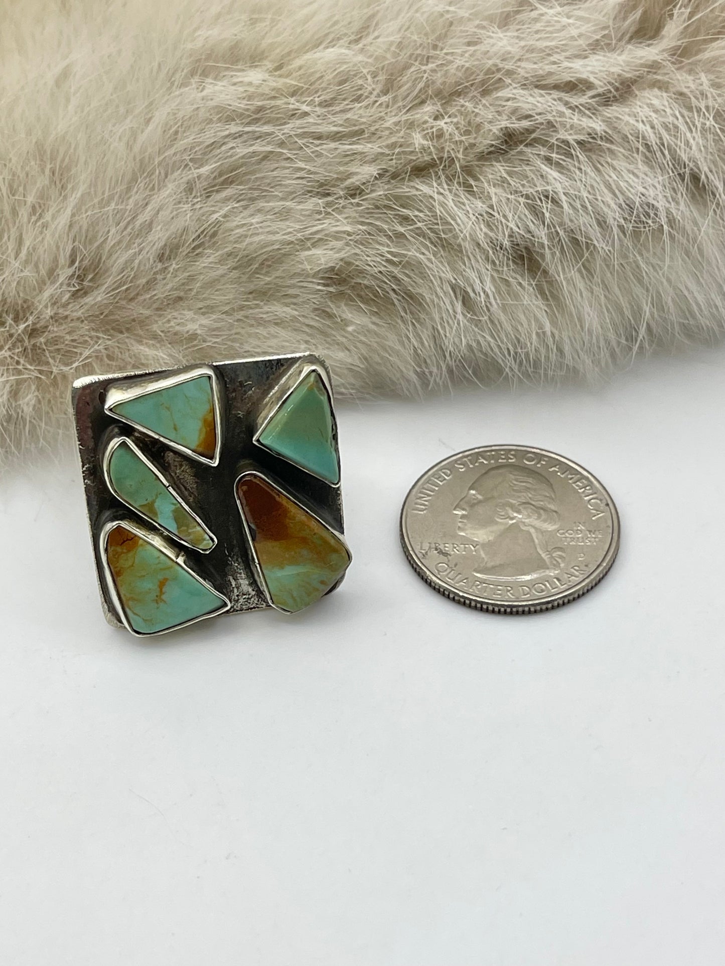 Adjustable (6.0-9.0) 5 Stone Square Ring with Royston Turquoise by Jude Candelaria, Zuni