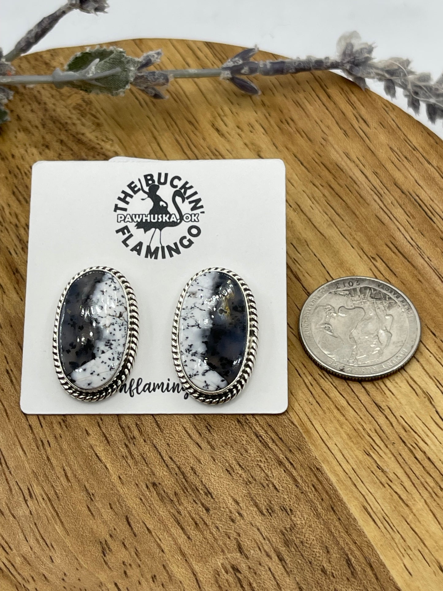 Dendrite Opal Agate Oval Post Earrings, Navajo