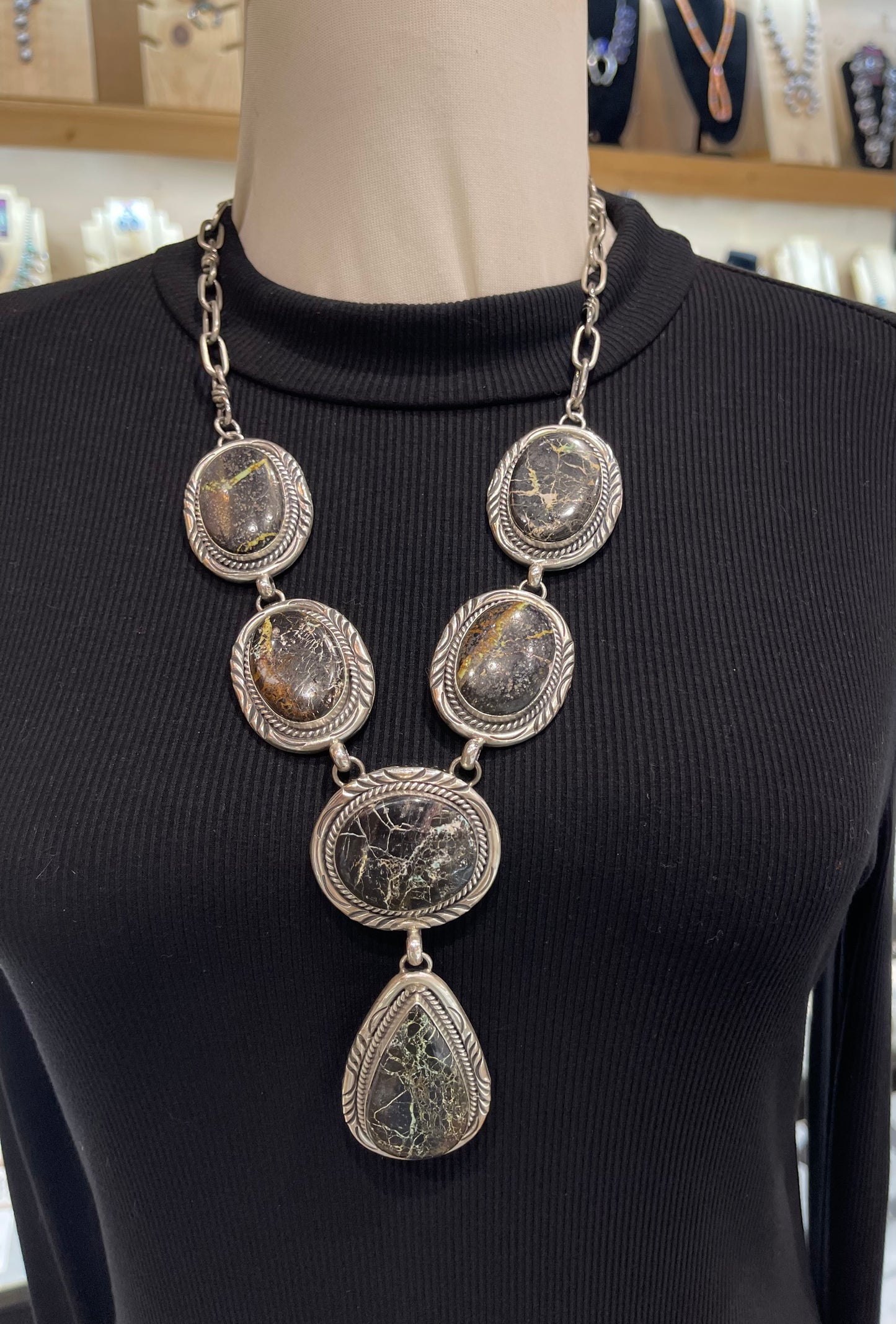 22"+4" Drop Blackjack Turquoise Lariat necklace by J.Piaso Jr., Navajo