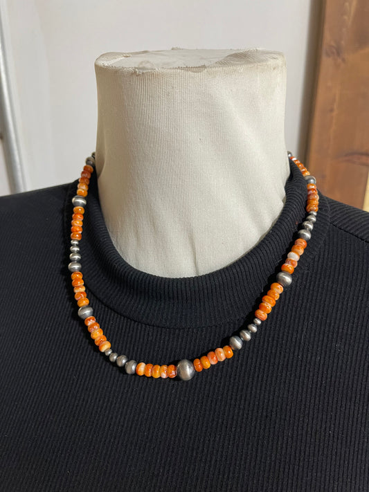 19''+1.5'' Extender Orange Spiny Oyster & Navajo Style Pearl Necklace