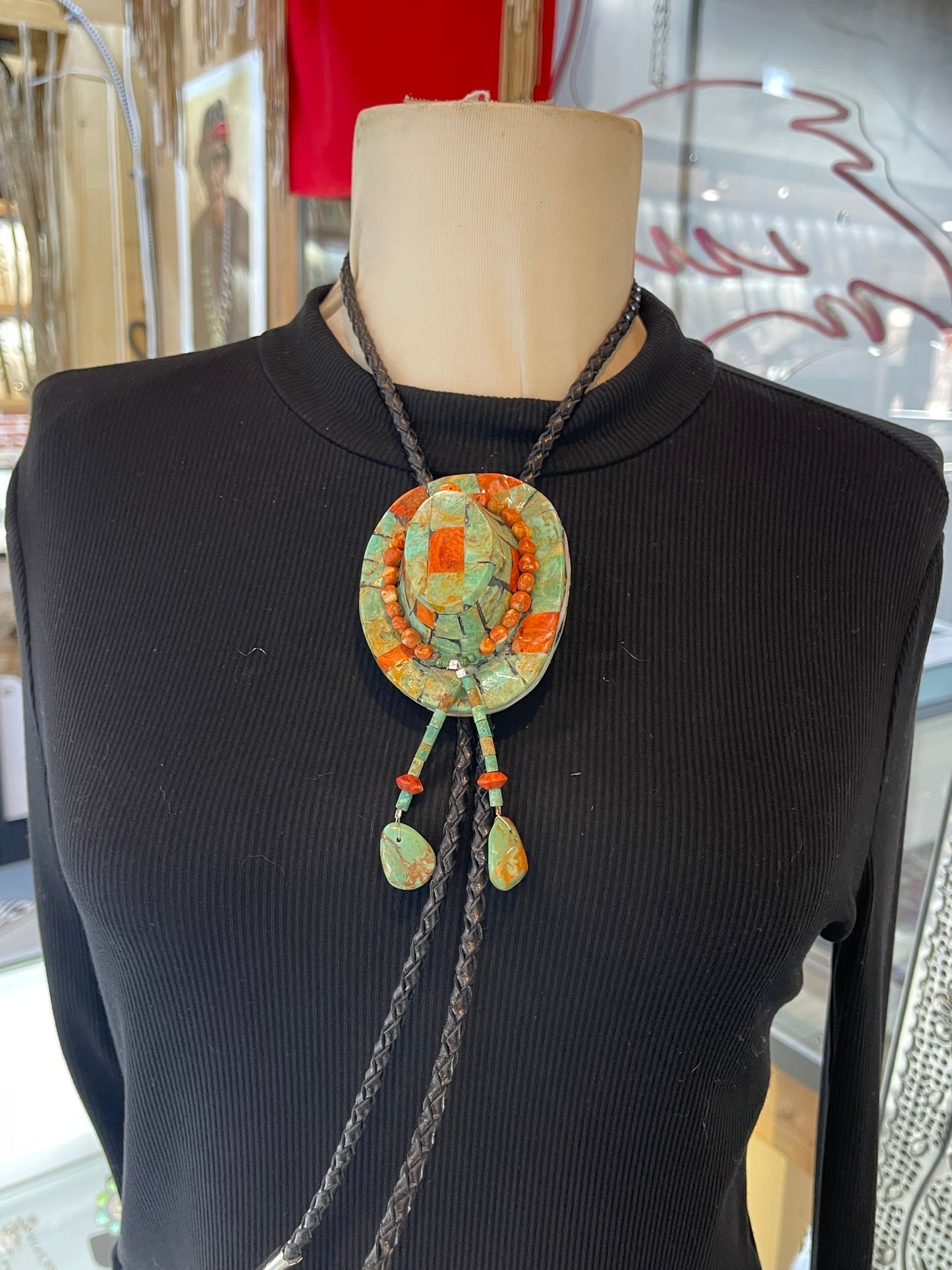 Turquoise with Orange Coral Cowboy Hat Bolo Tie by Jolene Bird, Santo Domingo