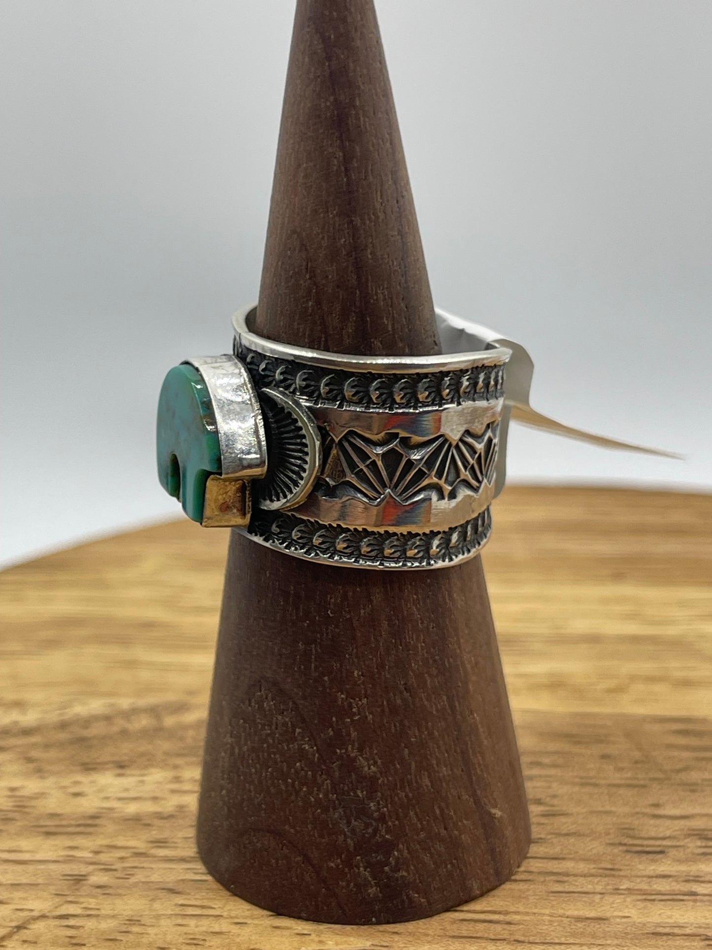 10.0 Turquoise Bear Stamped Ring by Sunshine Reeves, Navajo