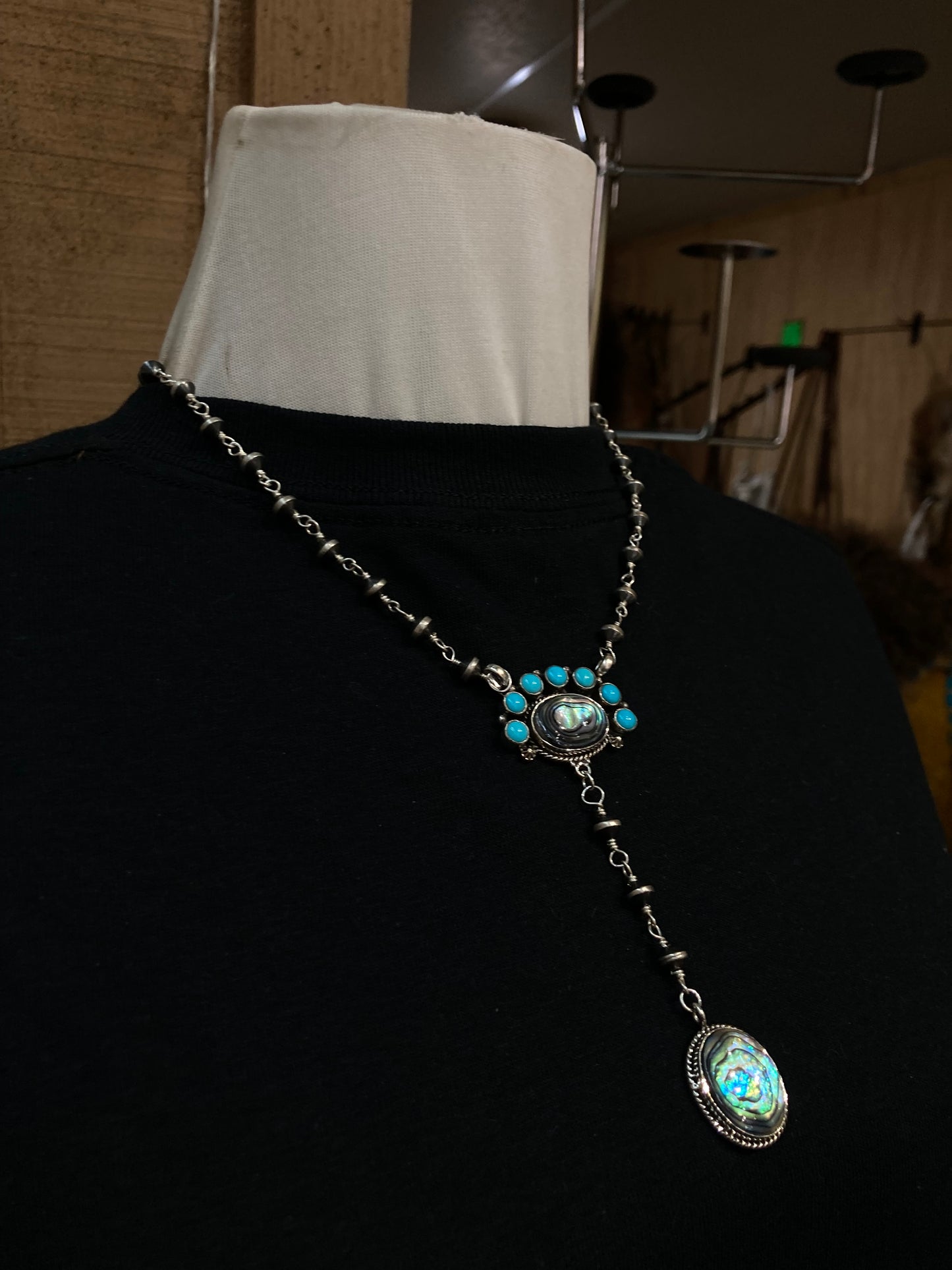 18"+3" Dangle Abalone with Turquoise and Navajo Pearls Necklace by Zia