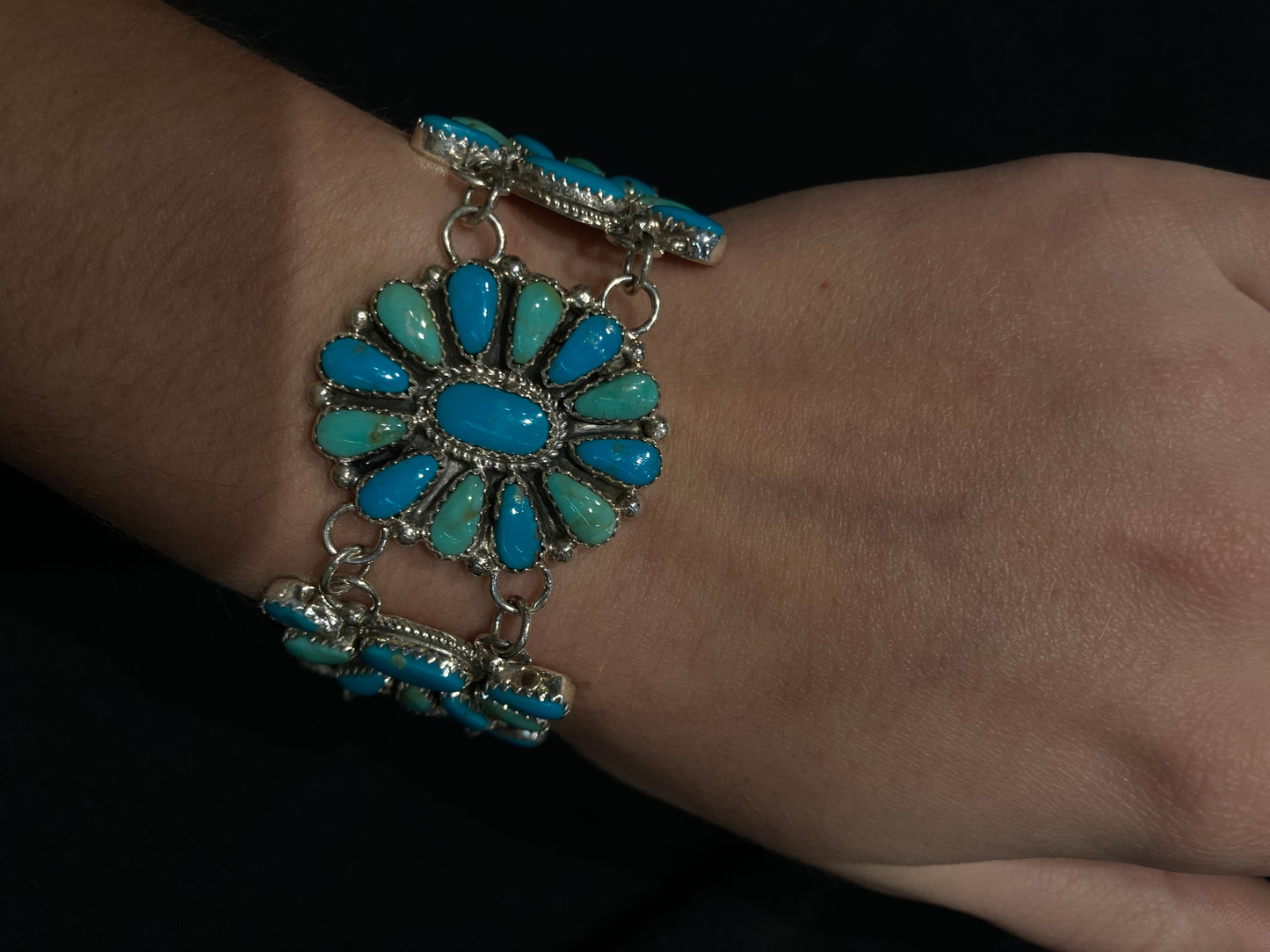 6"-7 1/2" Turquoise Cluster Link Bracelet by Alicia Wilson, Navajo