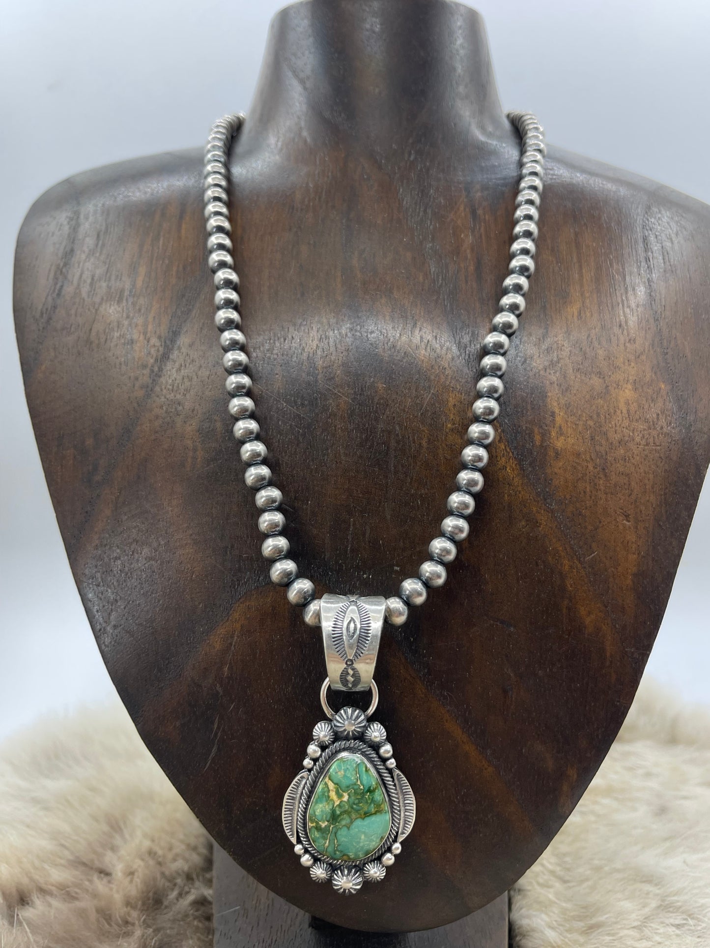 Sonoran Gold Turquoise Pendant with 18" 6mm Navajo Style Pearls by Tom Lewis, Navajo