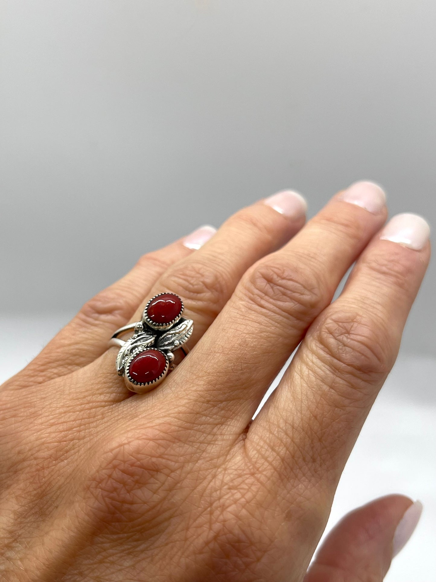 5.0 2 Stone Red Coral Ring by Sadie Jim, Navajo