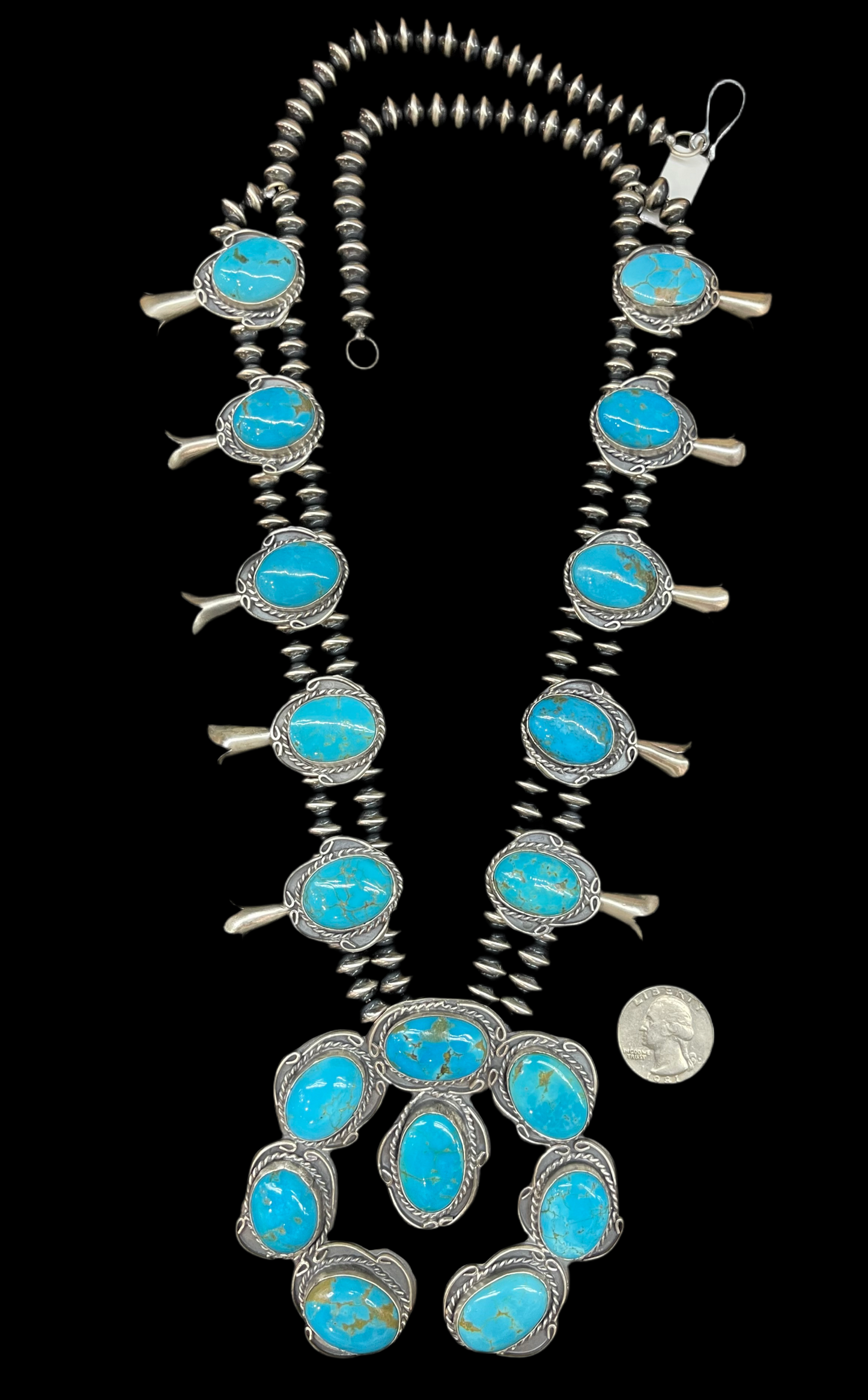 28" Turquoise Squash Blossom by Gilbert Nez, Navajo