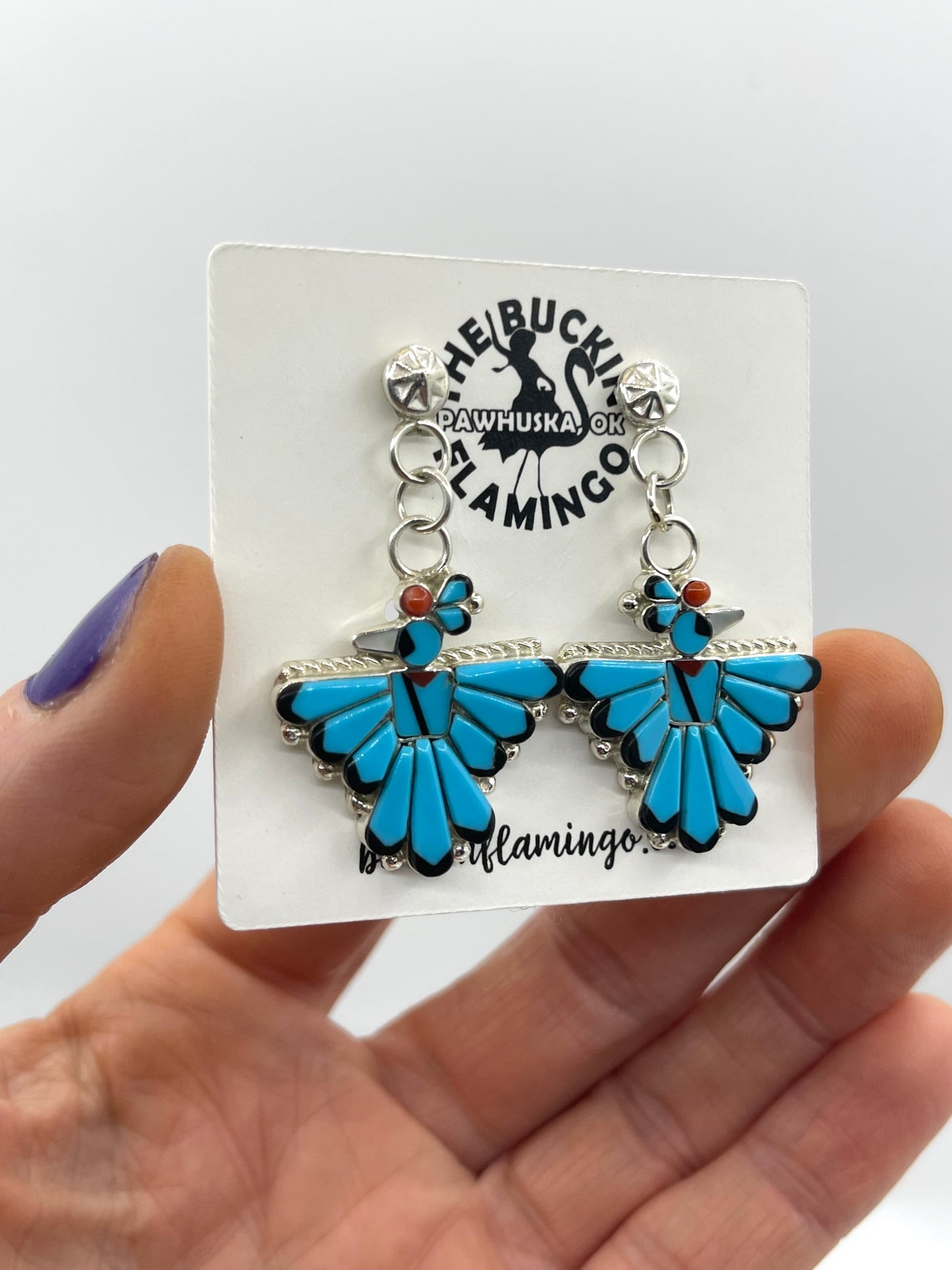 Coral, Turquoise, Black Onyx, and Pearl Thunderbird Post Dangle Earrings by Michelle Peina, Zuni