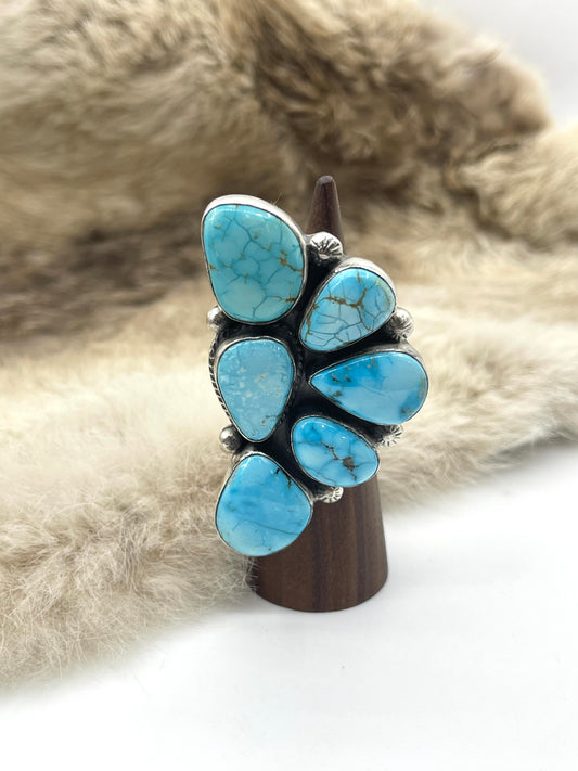 Adjustable (6.0-10.0) High Grade Kingman Turquoise Half Cluster Ring by Thompson Piaso, Navajo