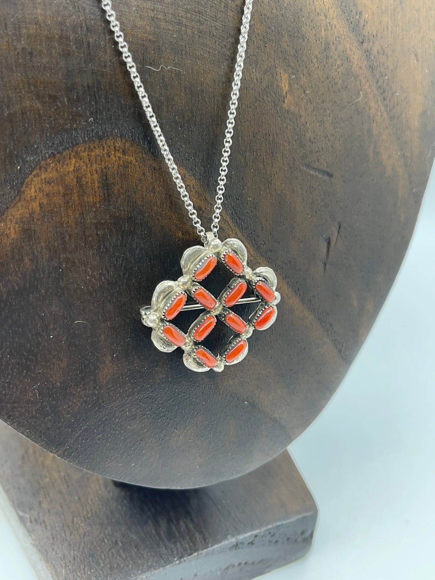 18" Red Coral Zuni Pin and Pendant Necklace