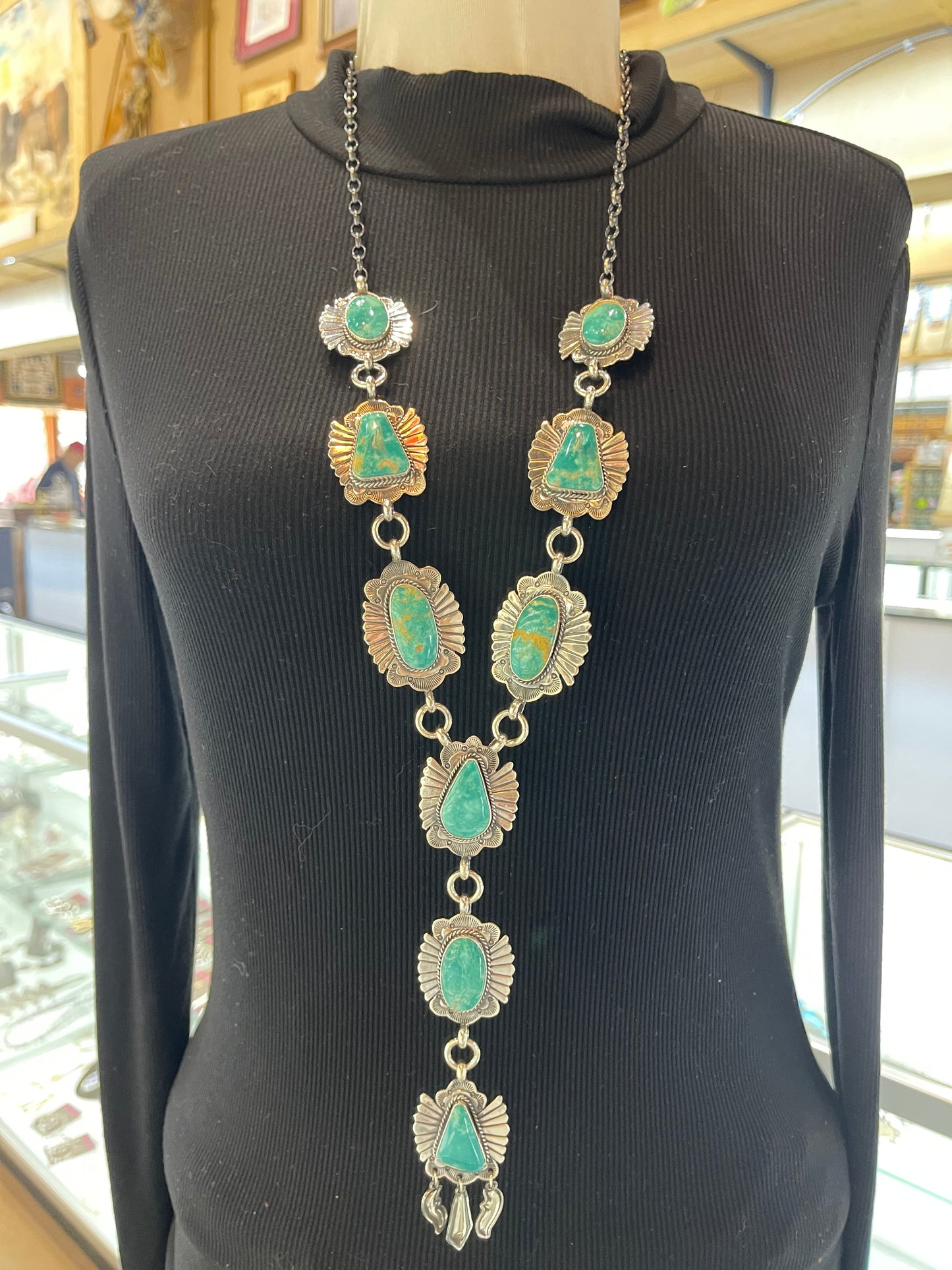 Royston Turquoise Lariat Necklace & Earring Set by Delayne Reeves, Navajo