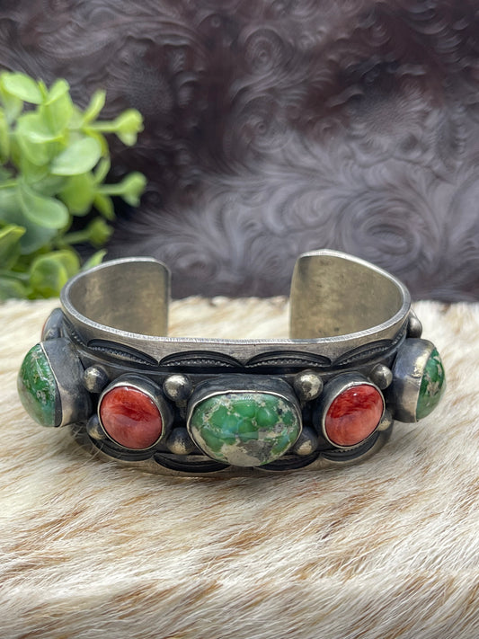 6.75" Red Spiny and Green Sonoran Gold Turquoise Cuff