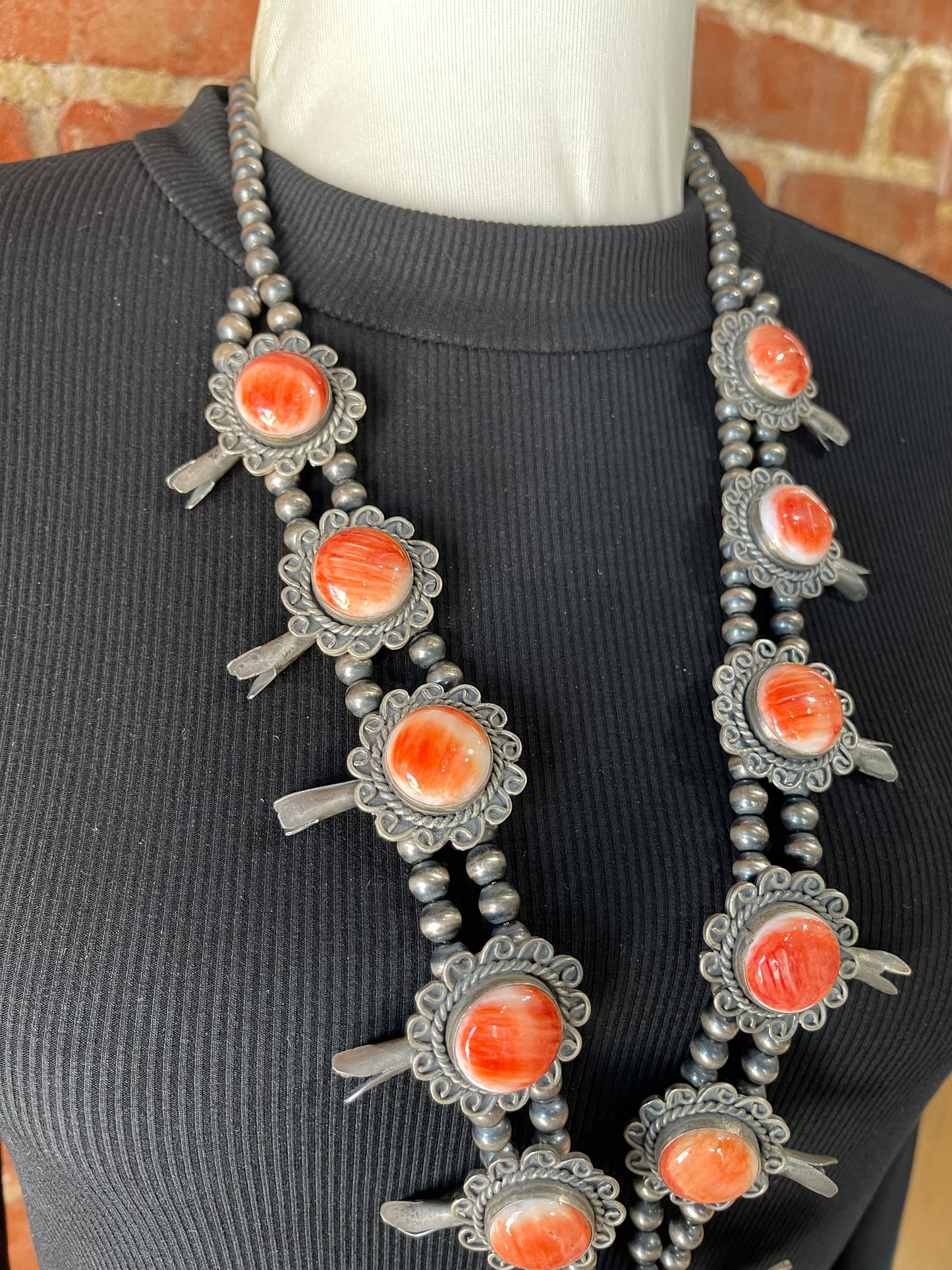 28"+3" Naja Spiny Oyster Squash Blossom Necklace by Gilbert Nez, Navajo