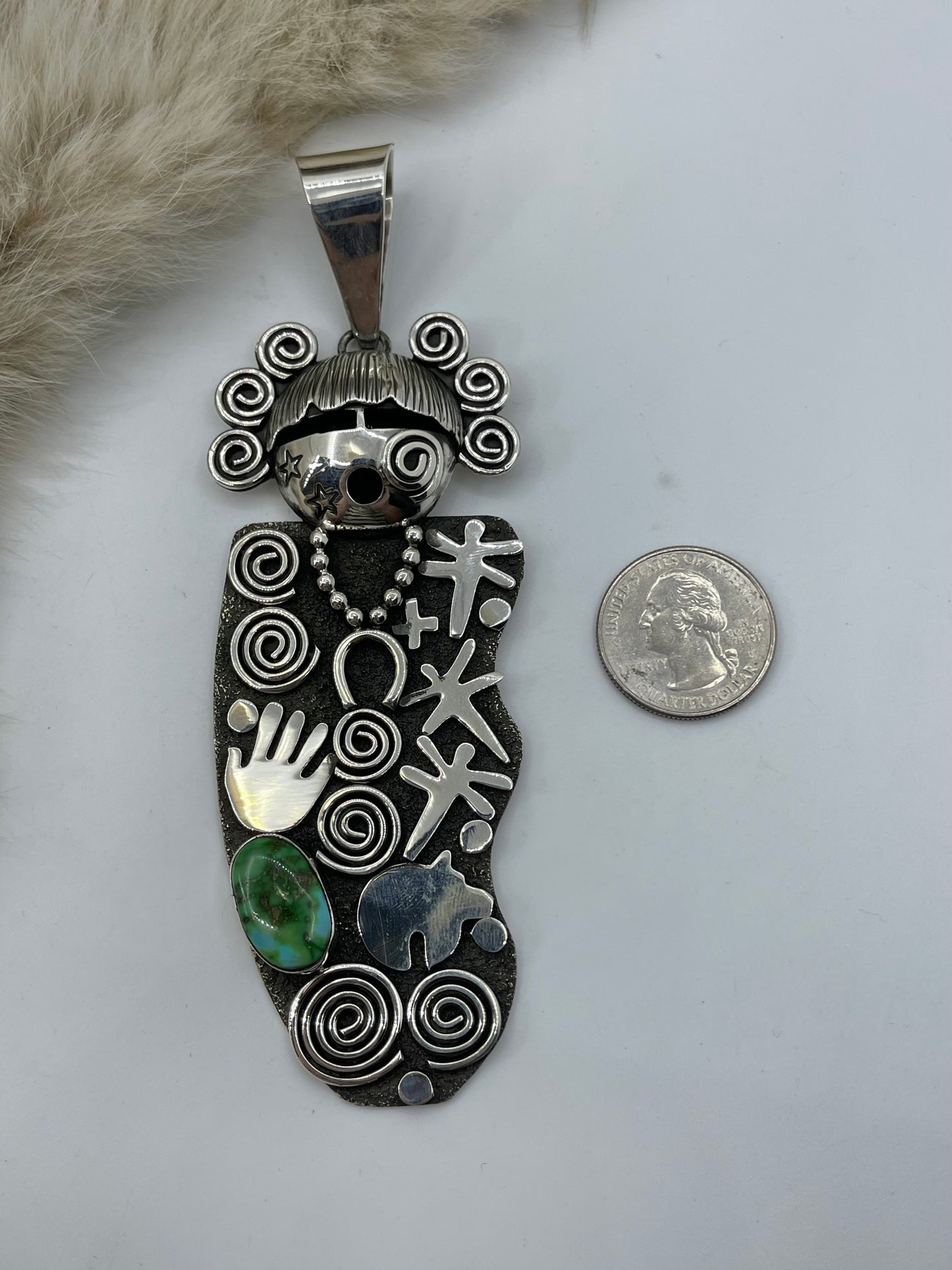 Maiden Face Petroglyph Pendant with Kingman Turquoise by Alex Sanchez, Navajo
