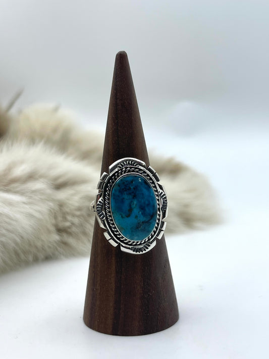9.0 Oval Kingman Turquoise Ring by Samuel Yellowhair, Navajo