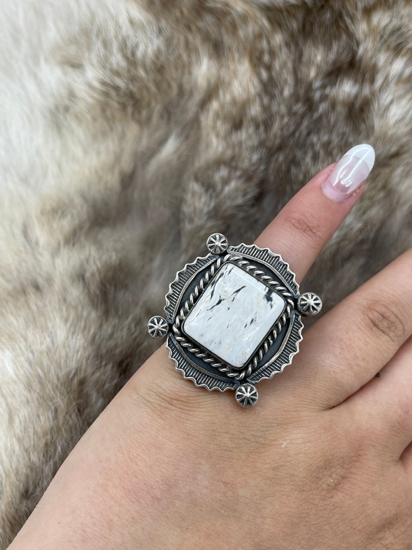 5.0 White Buffalo Ring by Harold Joe, Navajo
