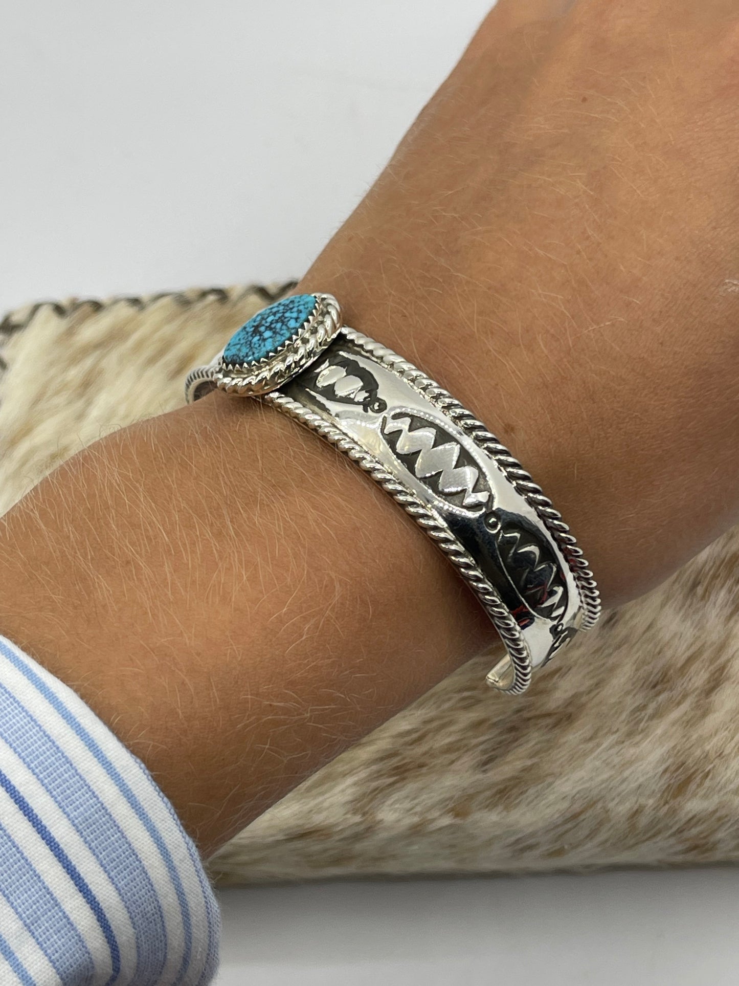 6 1/4"-7 1/2" Highgrade Kingman Web Turquoise Cuff by Jason Bahe, Navajo
