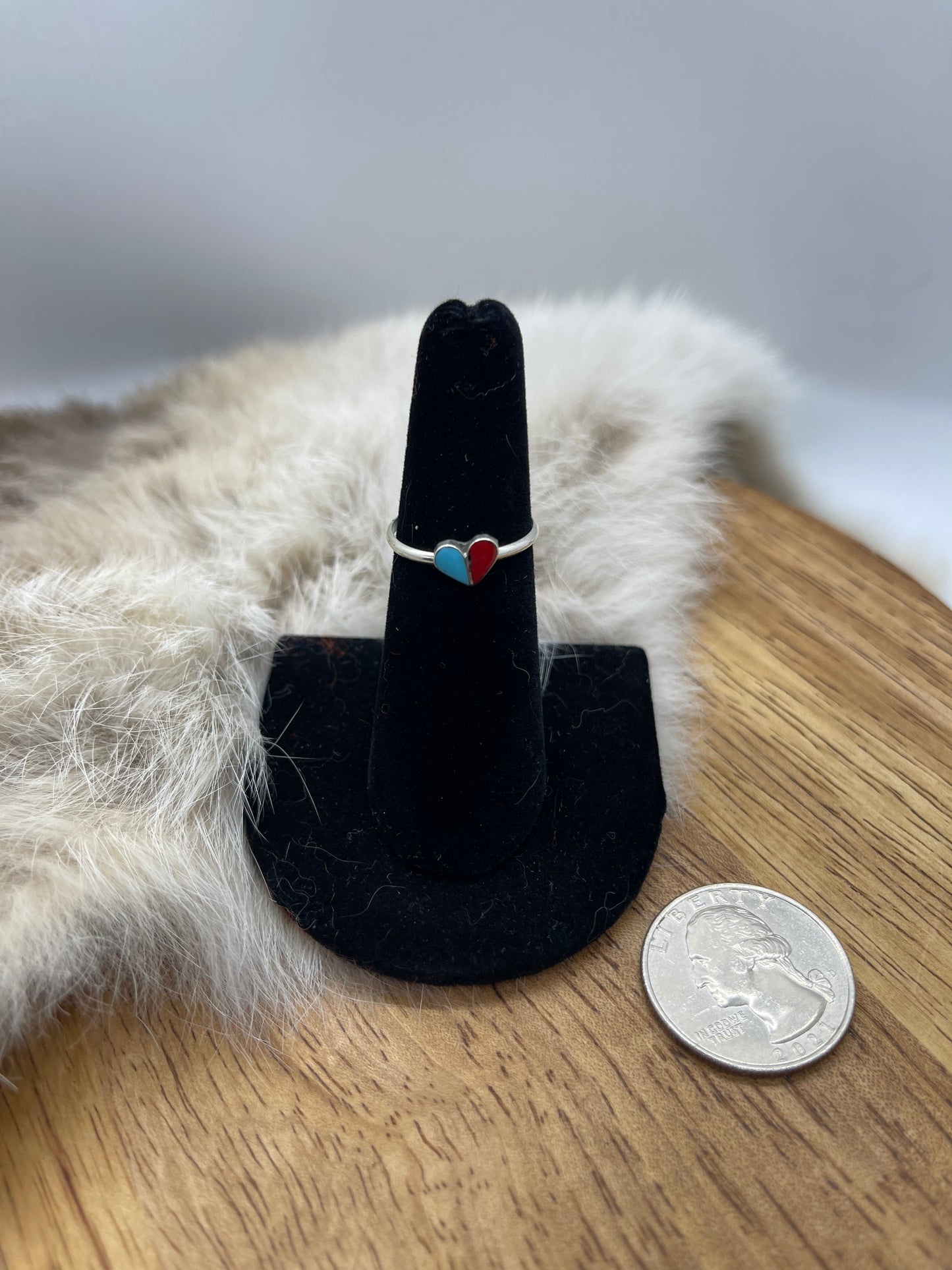 7.0 Inlaid Turquoise and Red Coral Heart Ring, Zuni