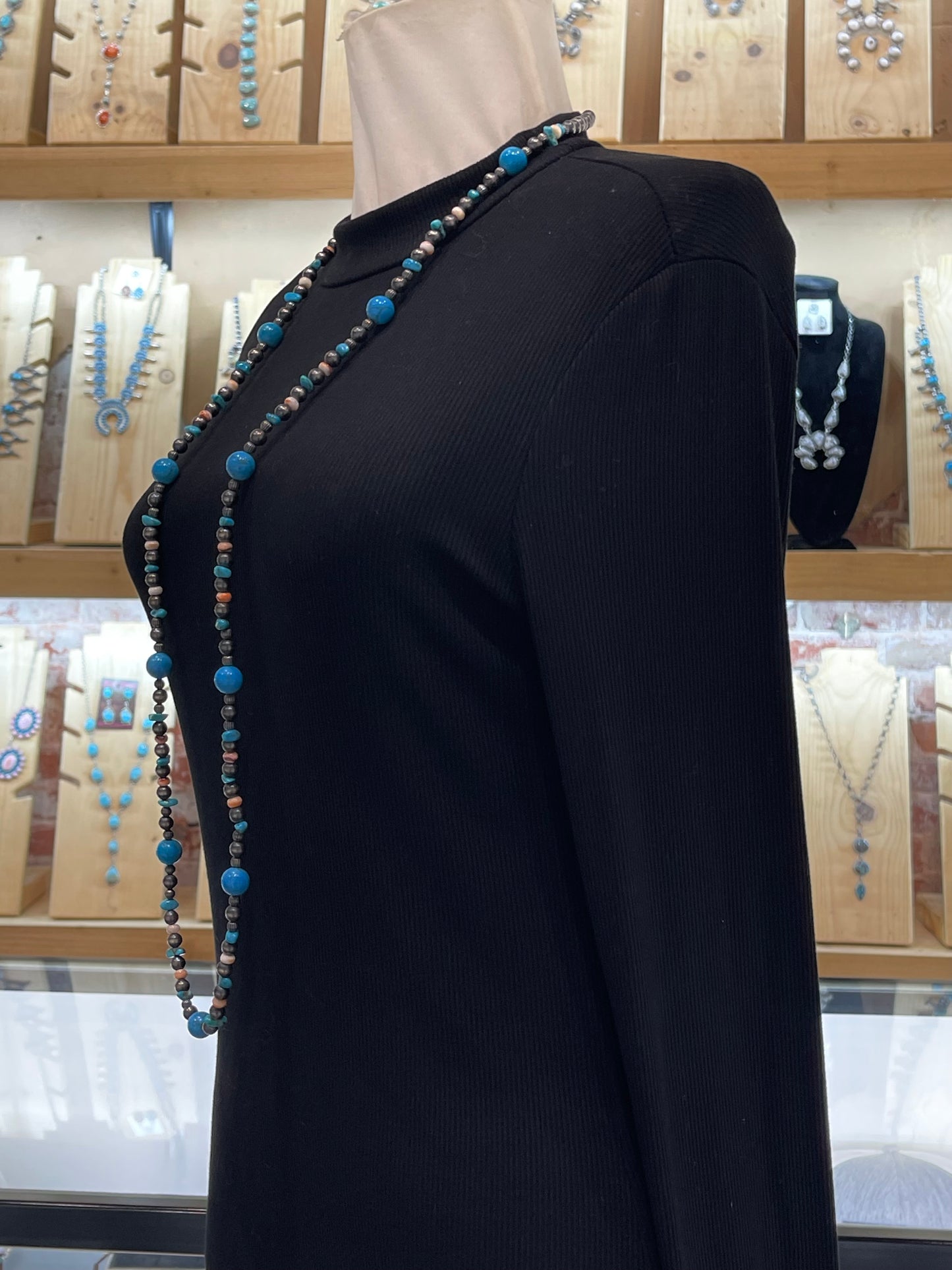 44" Navajo Style Pearls with Turquoise & Spiny Oyster Beads Necklace