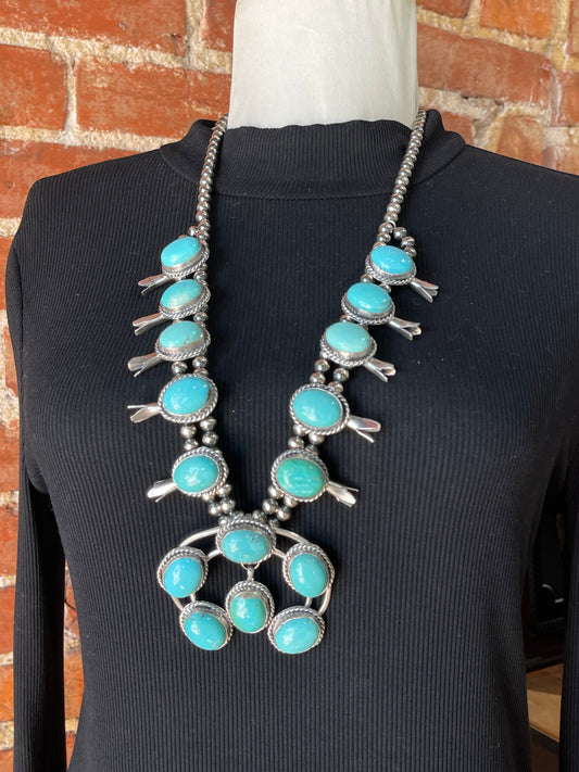 28" Turquoise Squash Blossom Necklace by Gilbert Nez, Navajo