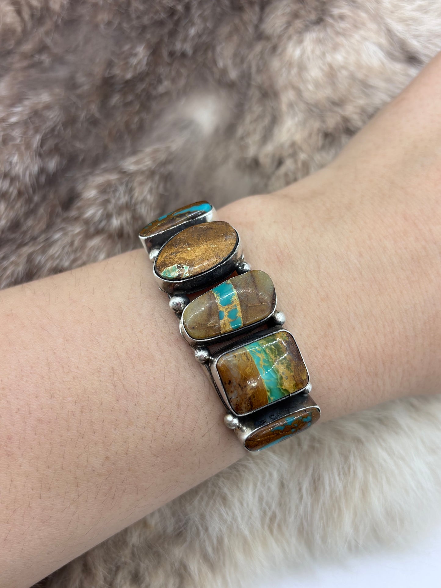 5.5" 7.25" 5 Stone Cuff Boulder Ribbon Turquoise by Augustine Largo, Navajo
