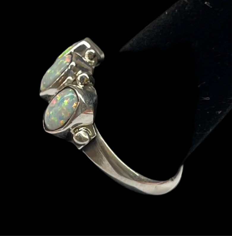 7.5 White Fire Roasted Opal 3 Stone Ring by Harris Largo, Navajo