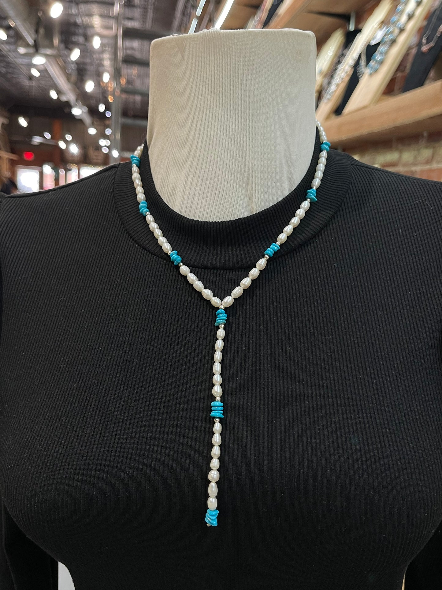 17"+5" Drop Freshwater Pearls and Sleeping Beauty Turquoise Lariat