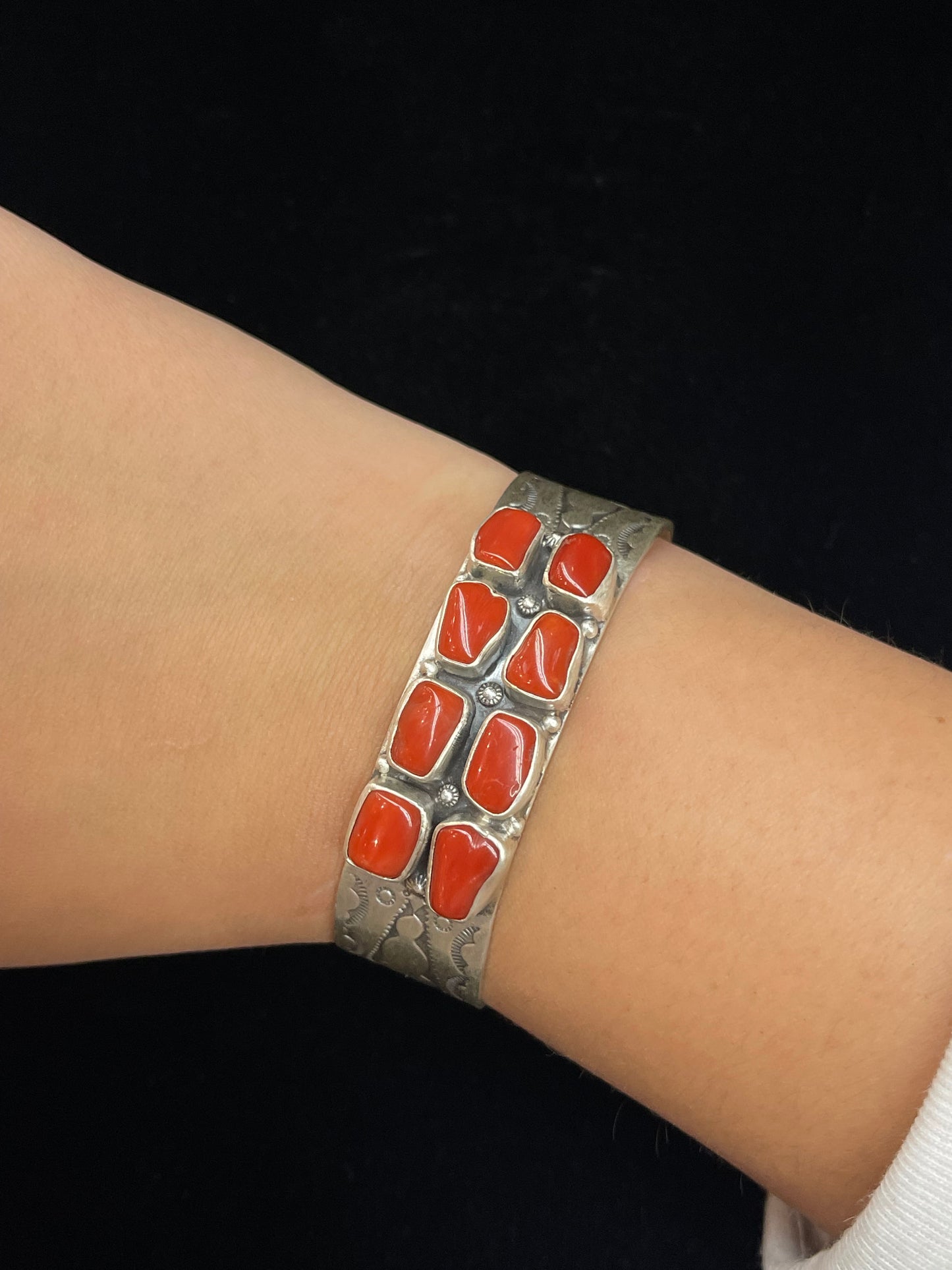 6 3/4" Red Coral 8 Stone Cuff Navajo Made