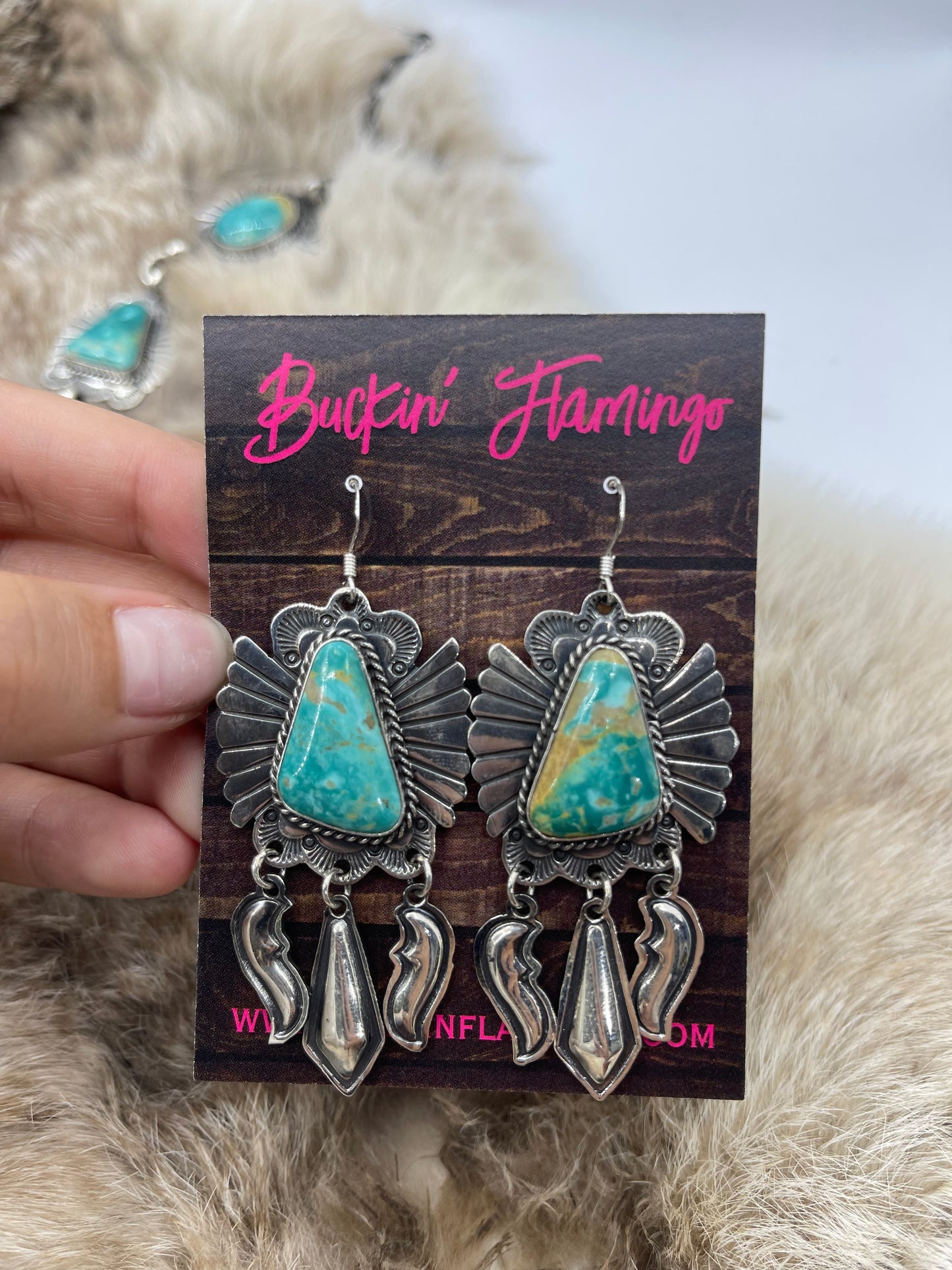 Royston Turquoise Lariat Necklace & Earring Set by Delayne Reeves, Navajo
